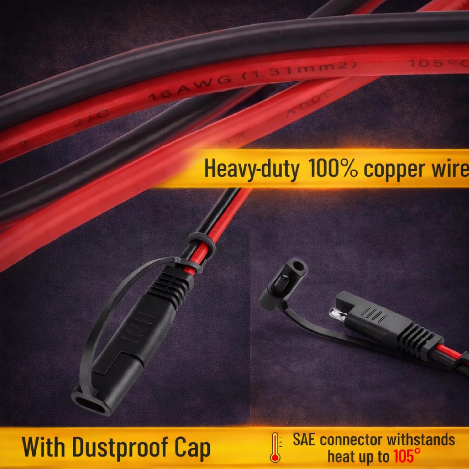 Bates SAE to SAE Extension Cable, 12 FT, 16 AWG, SAE 2Pin Quick Connect Disco…