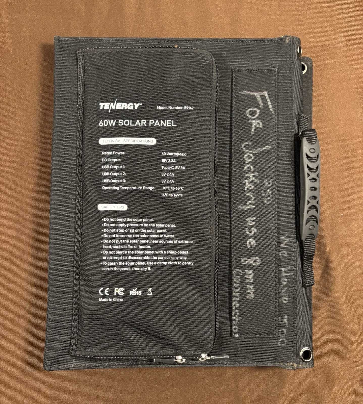 Tenergy Portable 60W Solar Panel Foldable Charger 18V Charging 5V USB CE ROHS