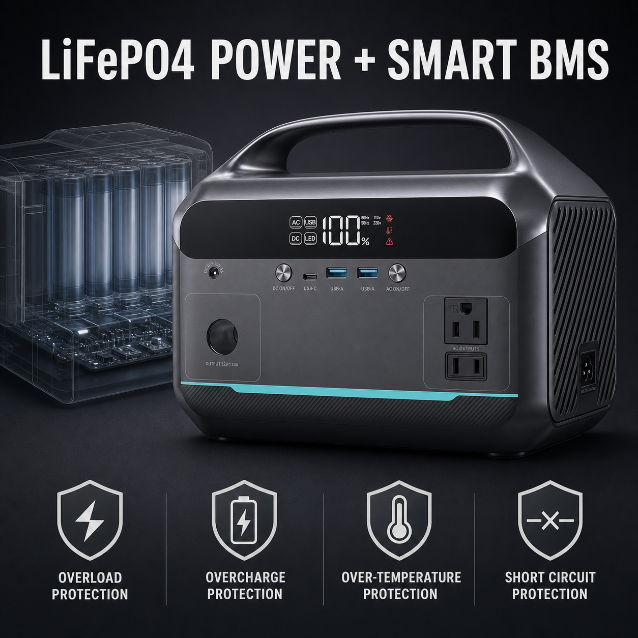 288Wh Portable Power Station 350W 600W Surge LiFePO4 Battery 110V AC Outlet