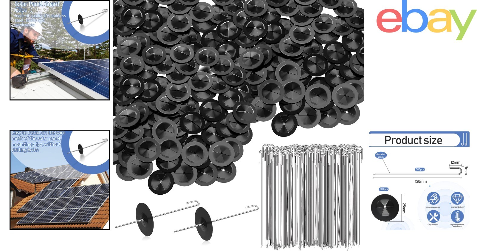 300 Packs Solar Panel Clips with J Hooks and Self Locking Washers for Fastening