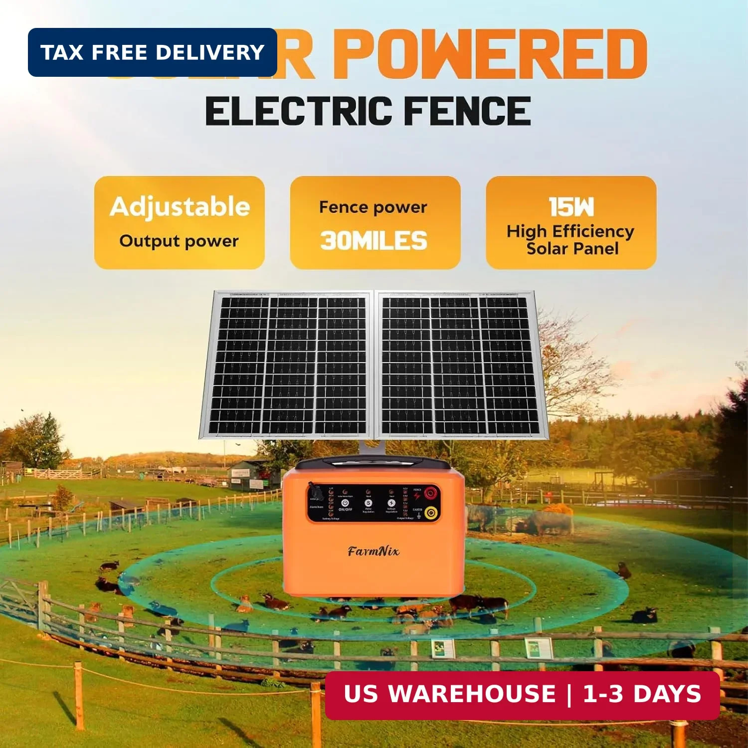 24 Hour Solar Electric Fence Charger, 30 Miles Solar Fence Energizer, 6-12KV Adj