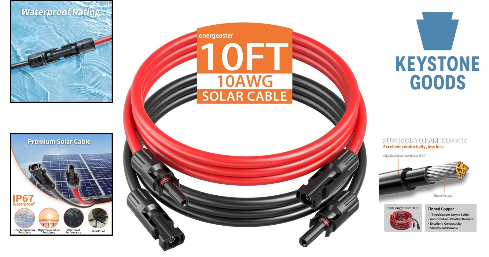 10AWG Weatherproof Solar Extension Cable Kit – 20Ft, MC4 Connectors