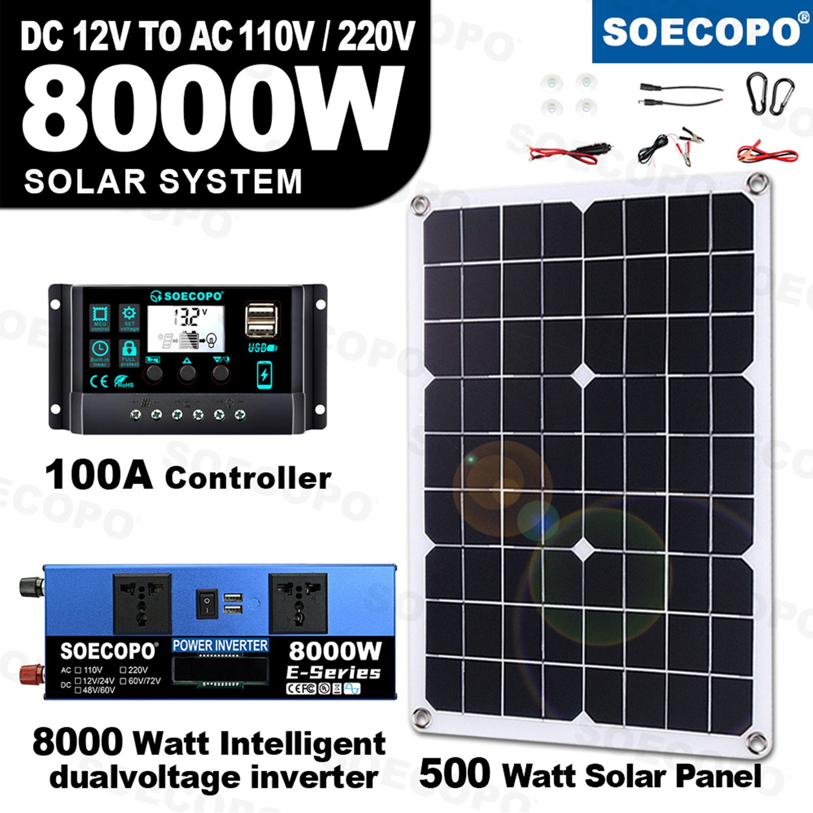 8000w 110v Solar Full Kit Inverter 300W Solar Panel Home 100A Controller SystdB