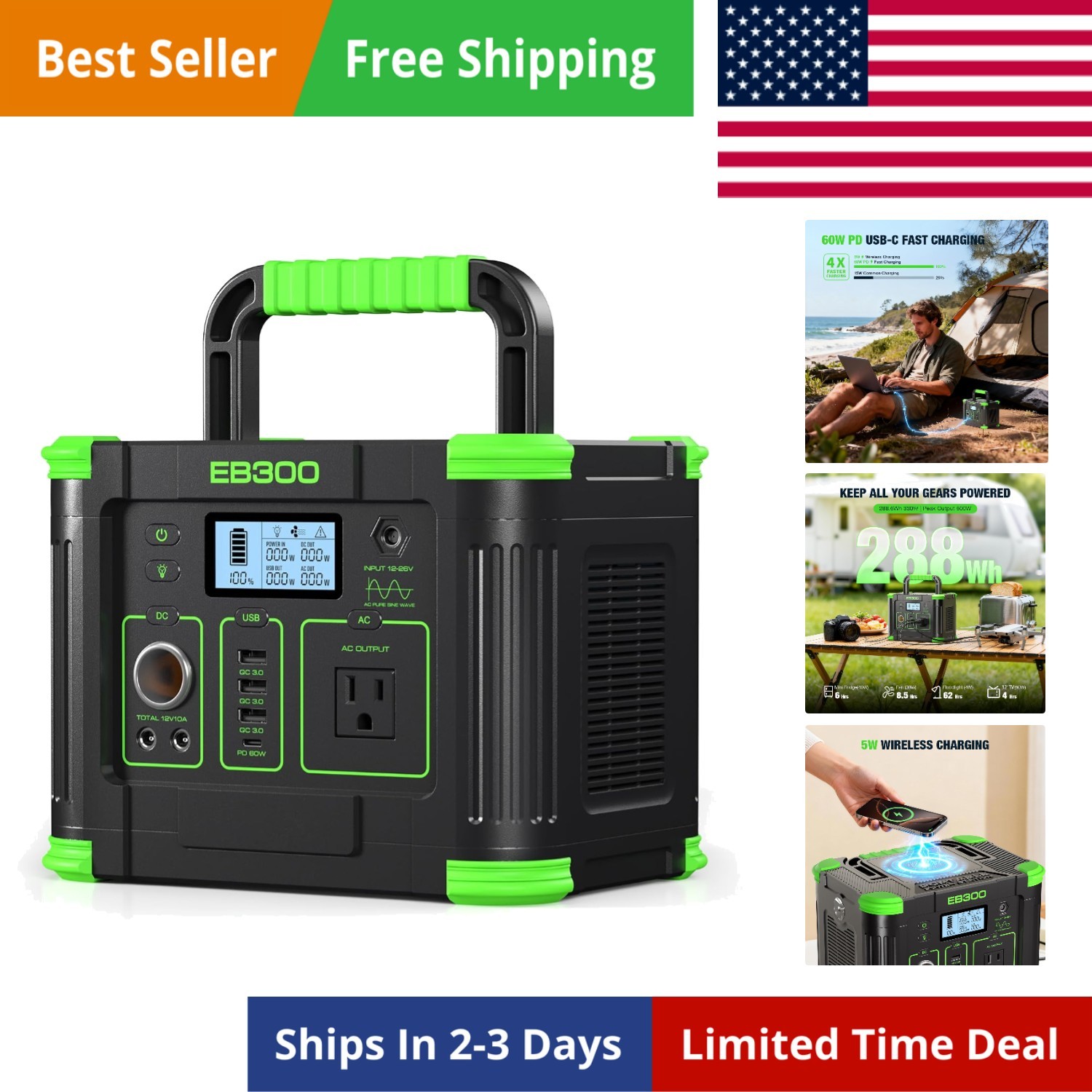 Portable Power Station 300W, 230Wh LiFePO4 LFP Battery, 1.5hrs Fast Charging,…