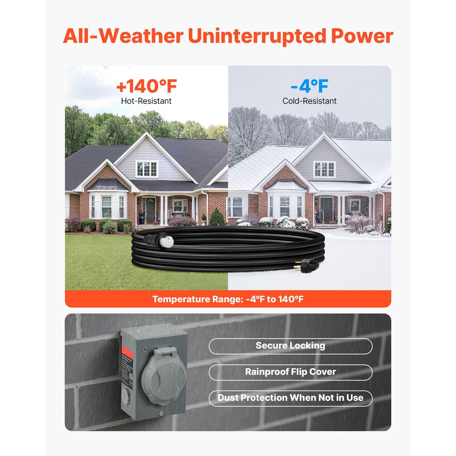 50 Amp Generator Cord and Power Inlet Box, 30FT, 125V/ 250V STW 6/ 3 + 8/ 1 AWG