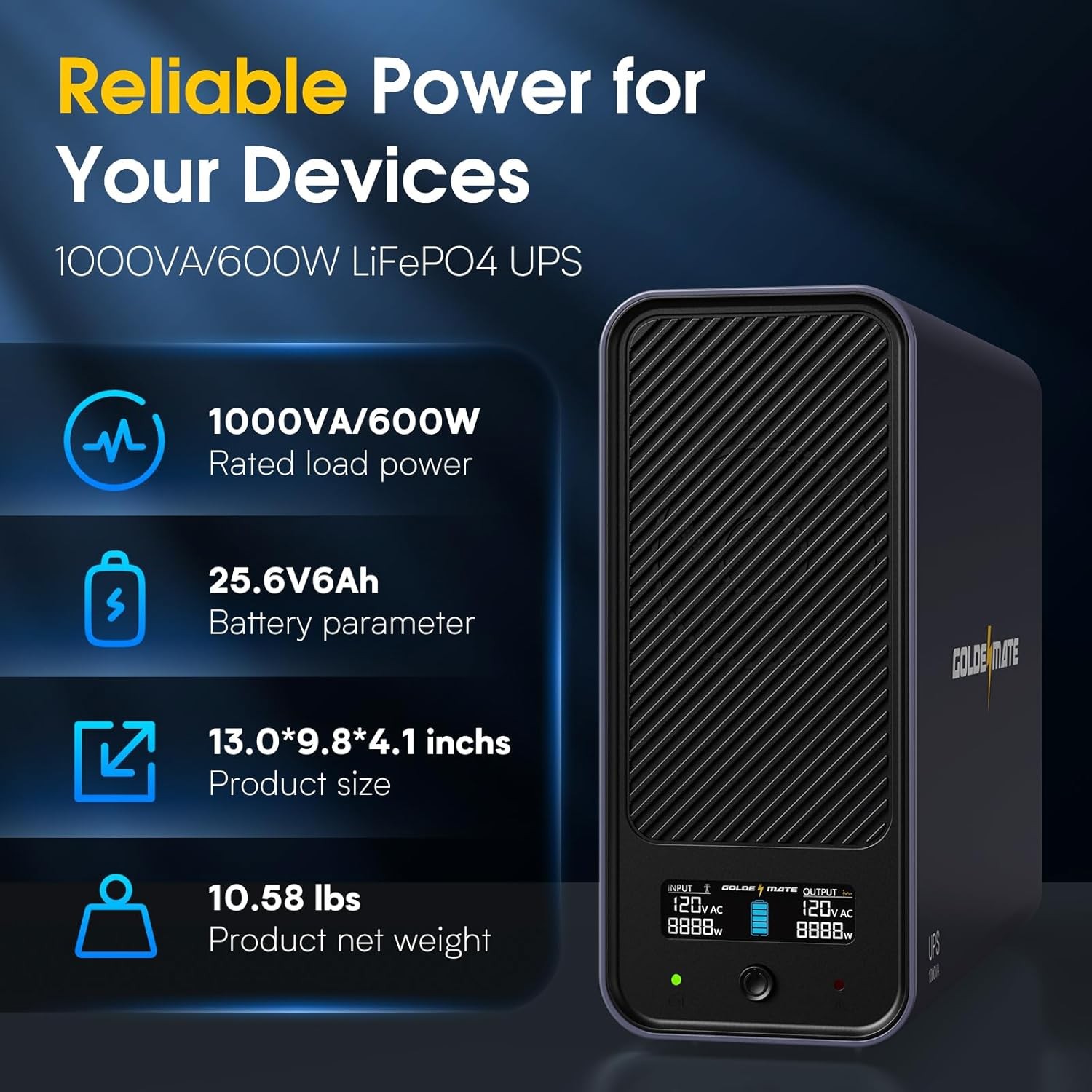 Goldenmate 1000VA 600W LiFePO4 UPS Pure Sine Wave Battery Backup （Communication）
