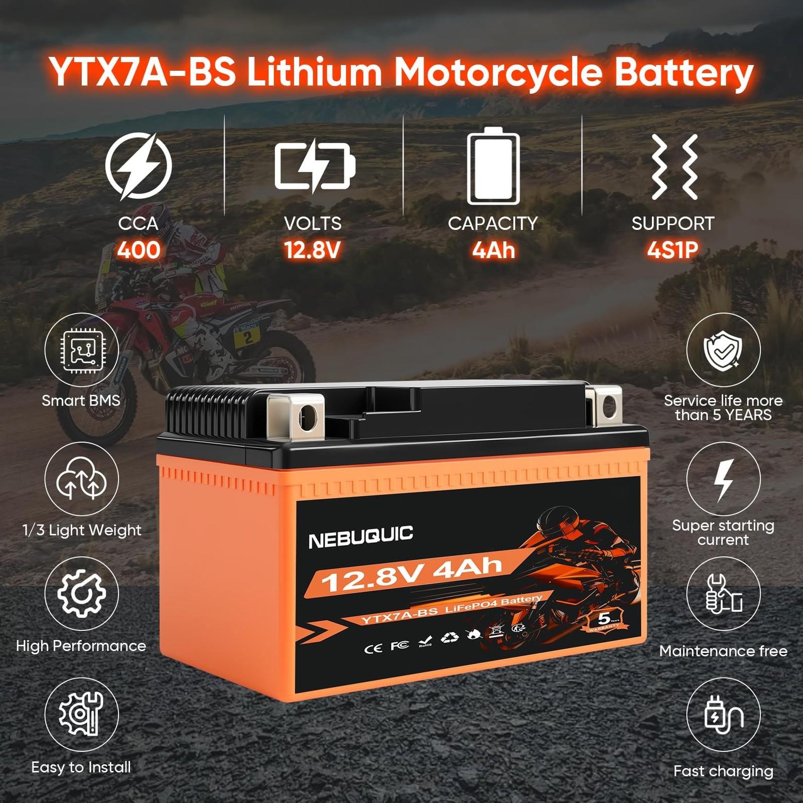 YTX7A-BS Lithium Motorcycle Battery, 12V 4Ah 400CCA LiFePO4 Powersport Replac…
