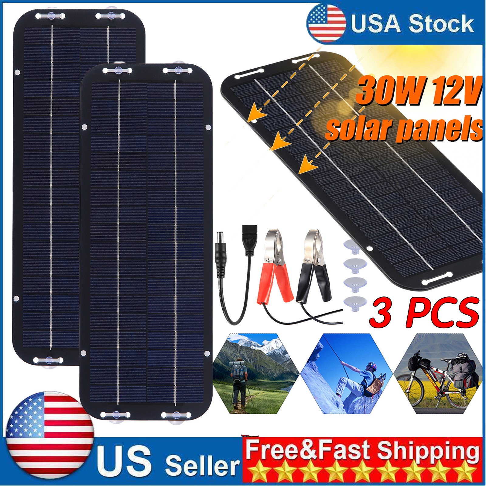 3PCS 30W Solar Panel Kit 12V Trickle Battery Outdoor Charger Maintainer Boat Car