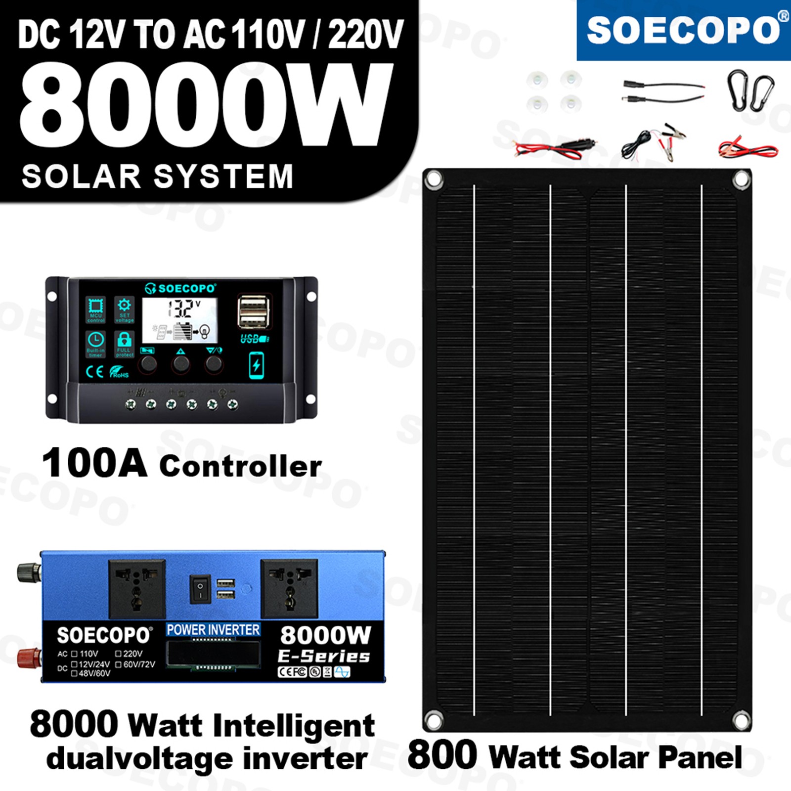8000W Solar System 800W Panel 100A Controller 12V/24V-110V/220V Inverter