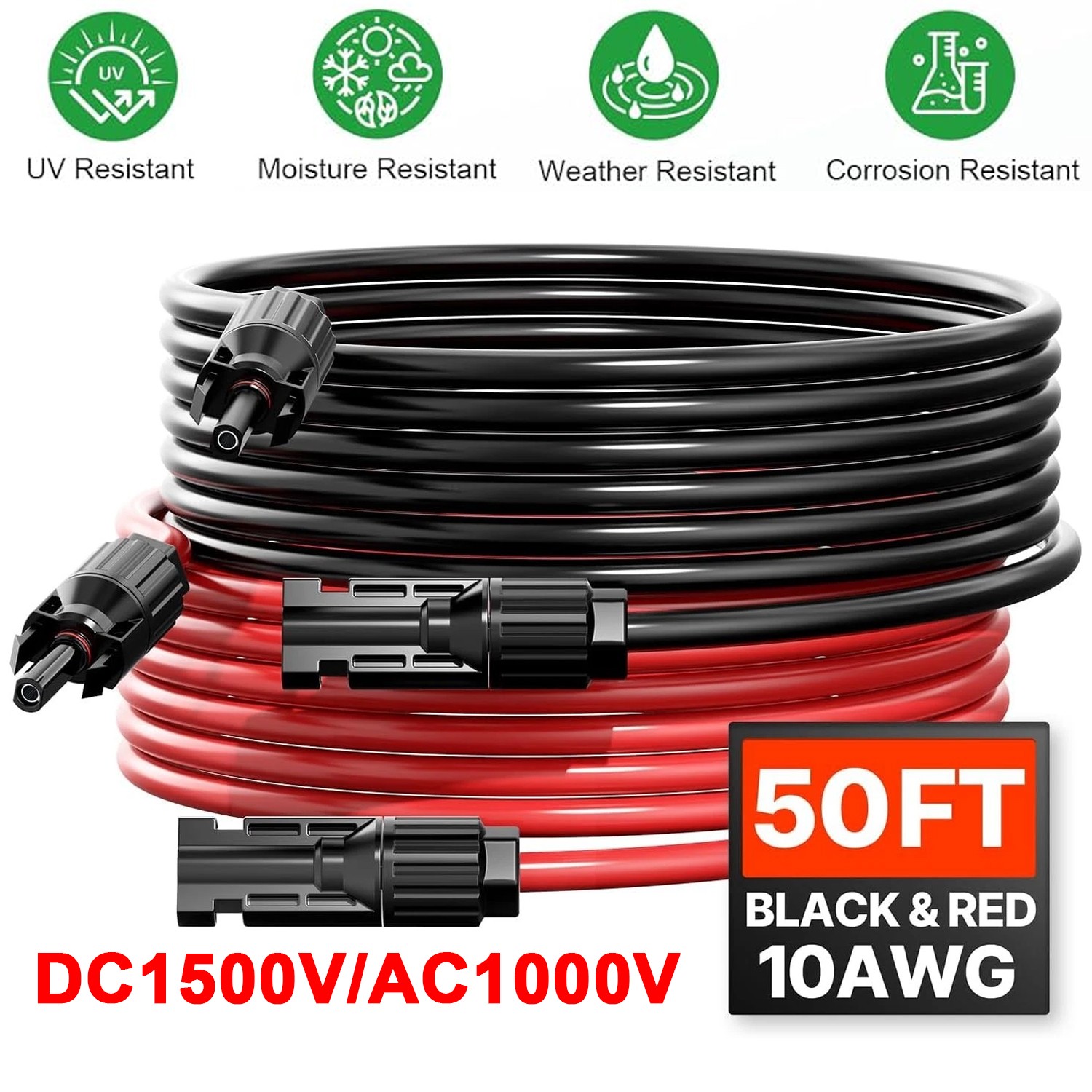 50ft Black + Red 10AWG Solar Panel Extension Cable Flexible Wire Connectors 6mm²