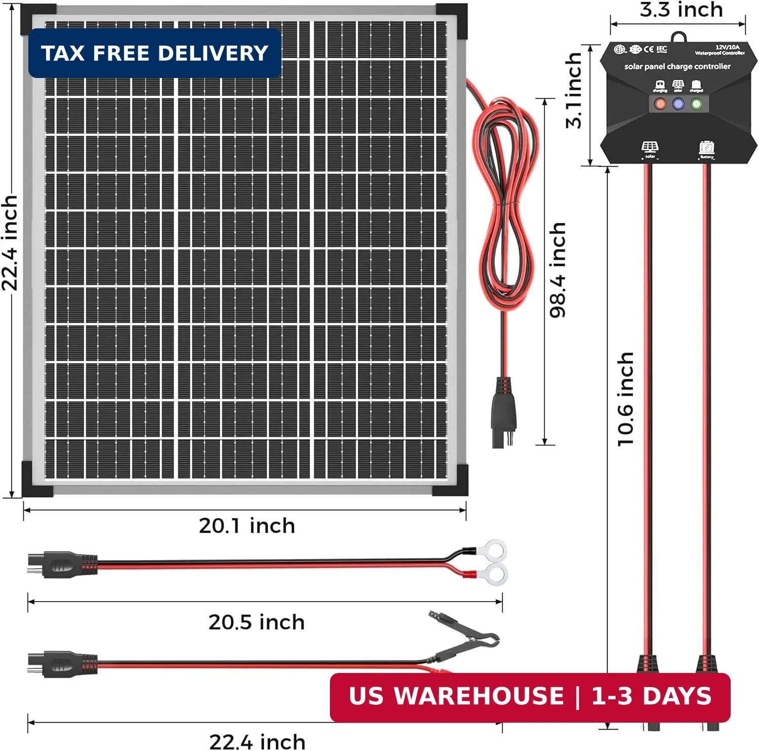 Voltset 50W Solar Panel Kit, 12V Solar Battery Trickle Charger Maintainer + 10A