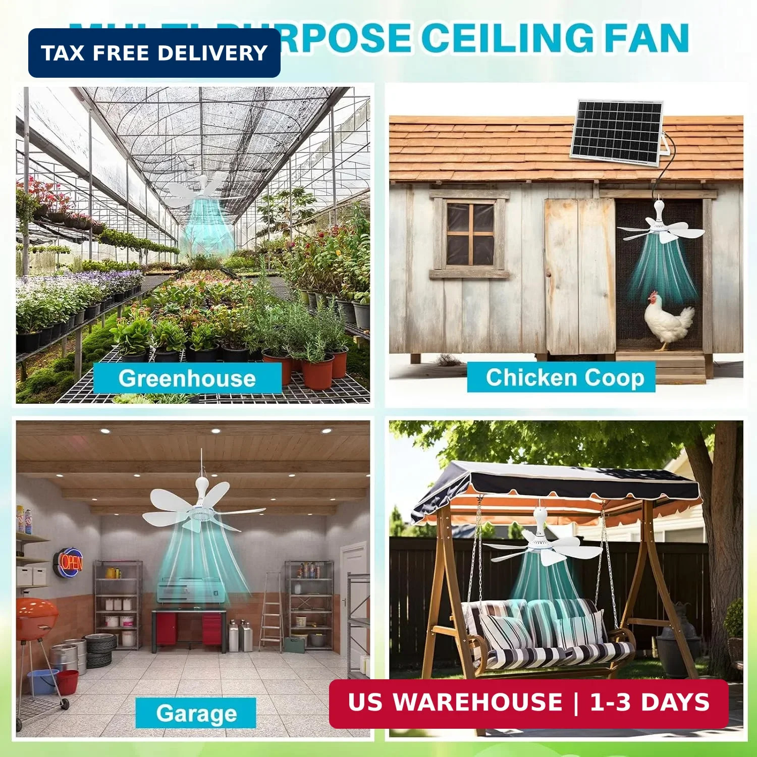 Tujoe 2 Set Solar Powered Ceiling Fan Kit for Outdoor,Portable 15W Solar Panel P