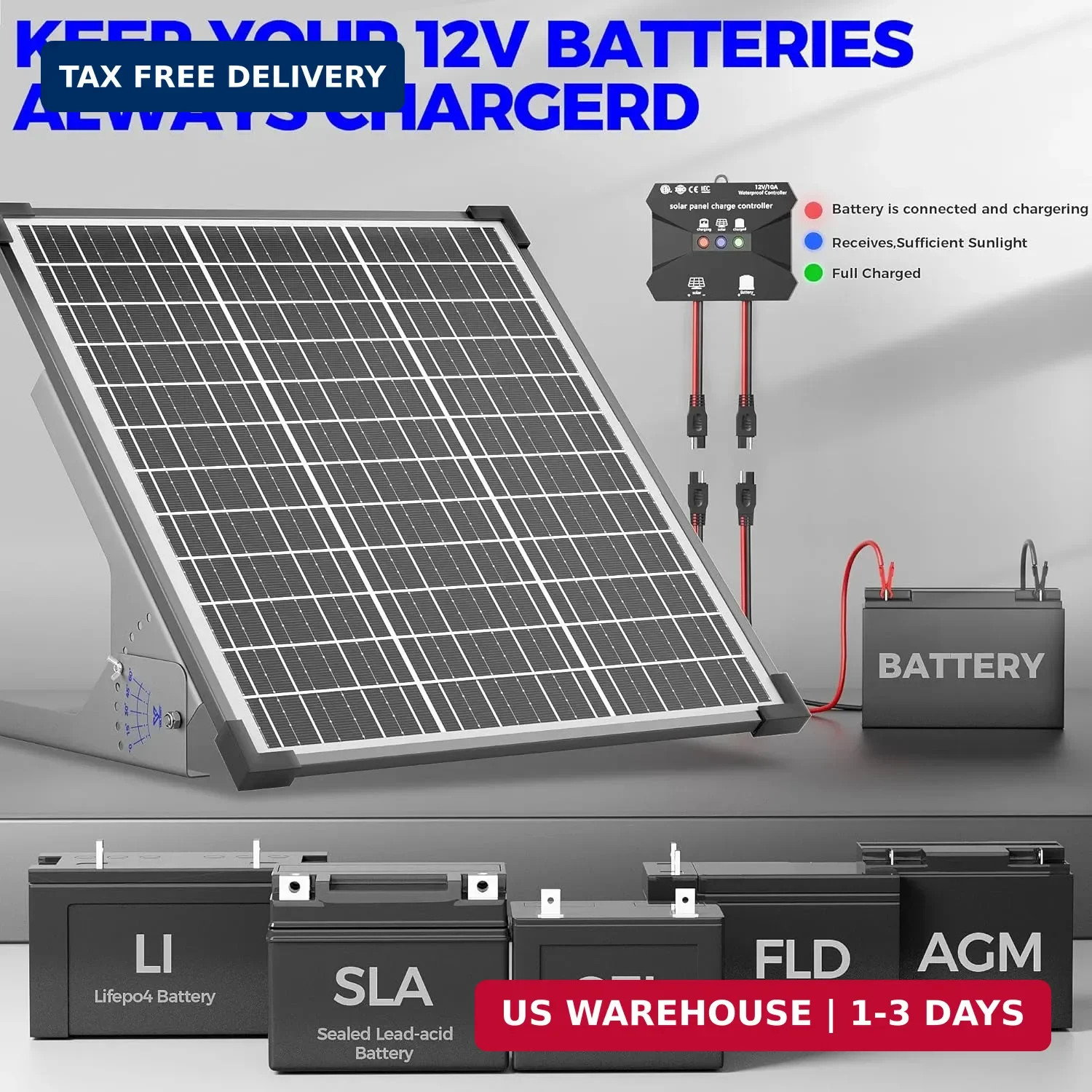 Voltset 50W Solar Panel Kit, 12V Solar Battery Trickle Charger Maintainer + 10A