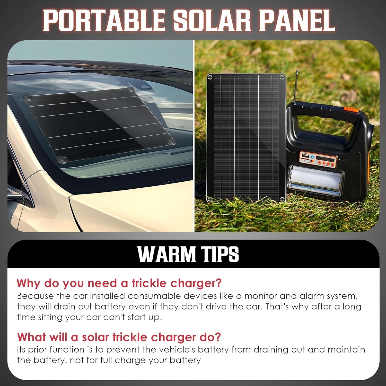 Durable 10W Solar Battery Maintainer with Alligator Clips & Lighter Plug