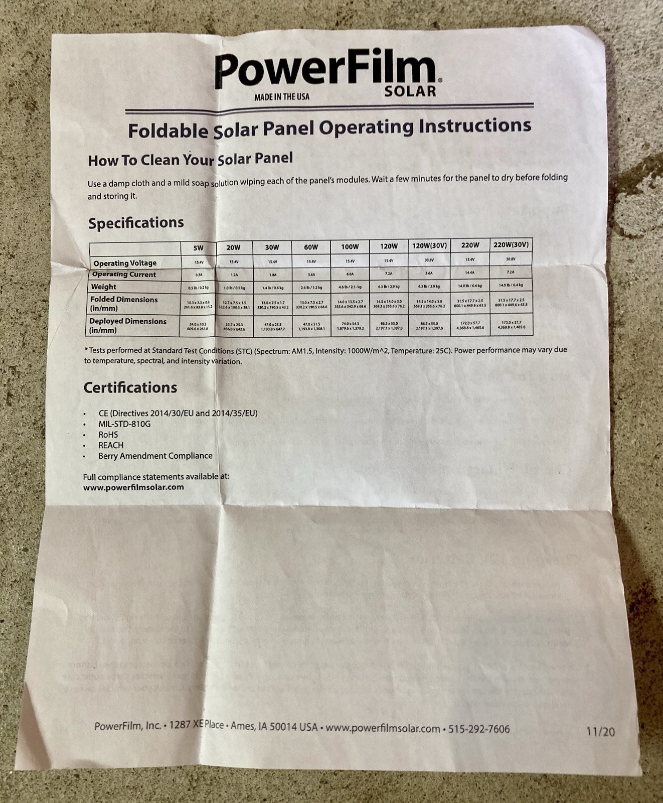 NEW “PowerFilm Solar” 60 Watt Foldable Solar Panel F16-3600 w/ Paper & Adapter!