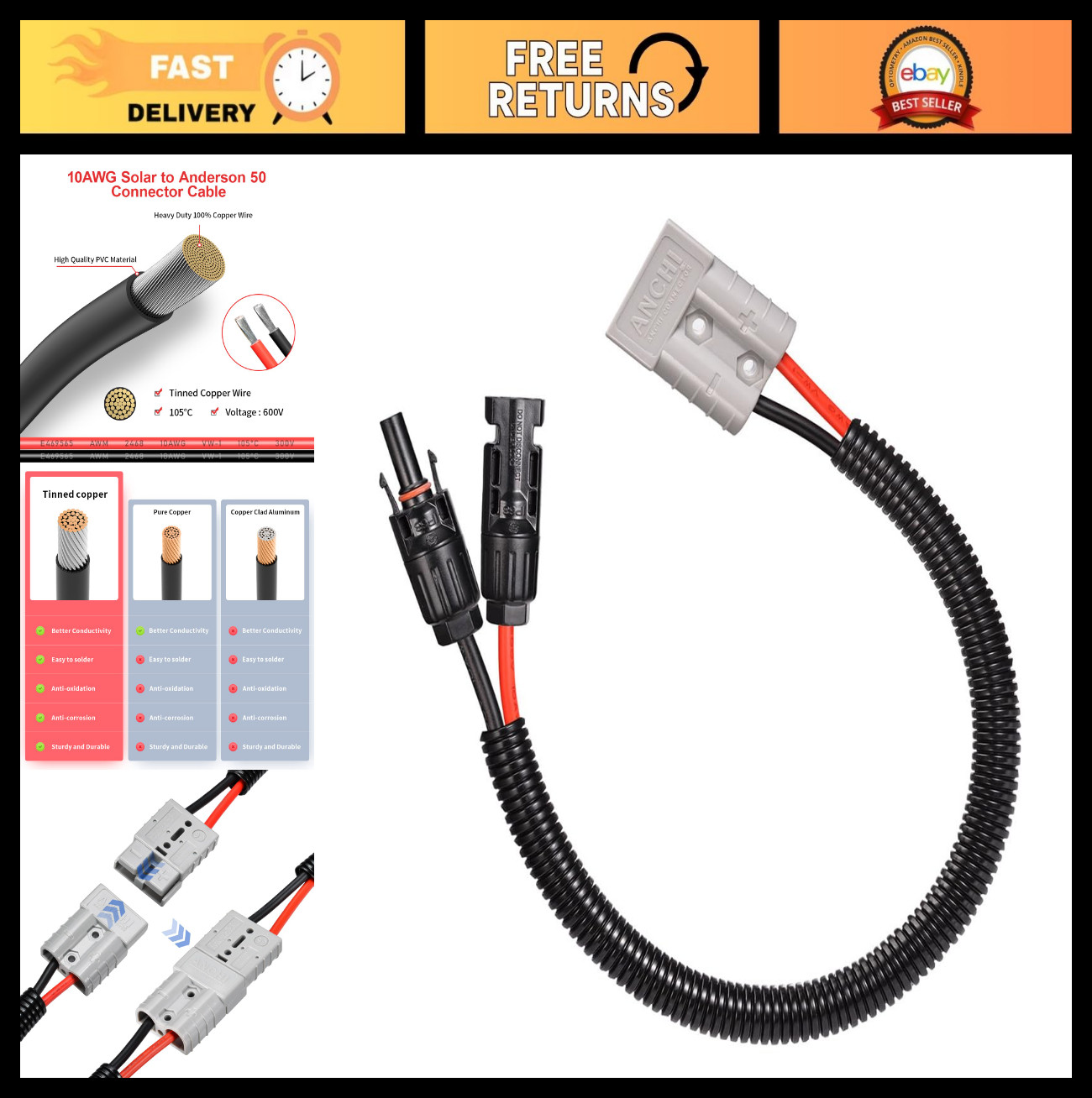 10AWG Solar Panel Connector Cable to Anderson 50A/600V for Solar Generator Kit –