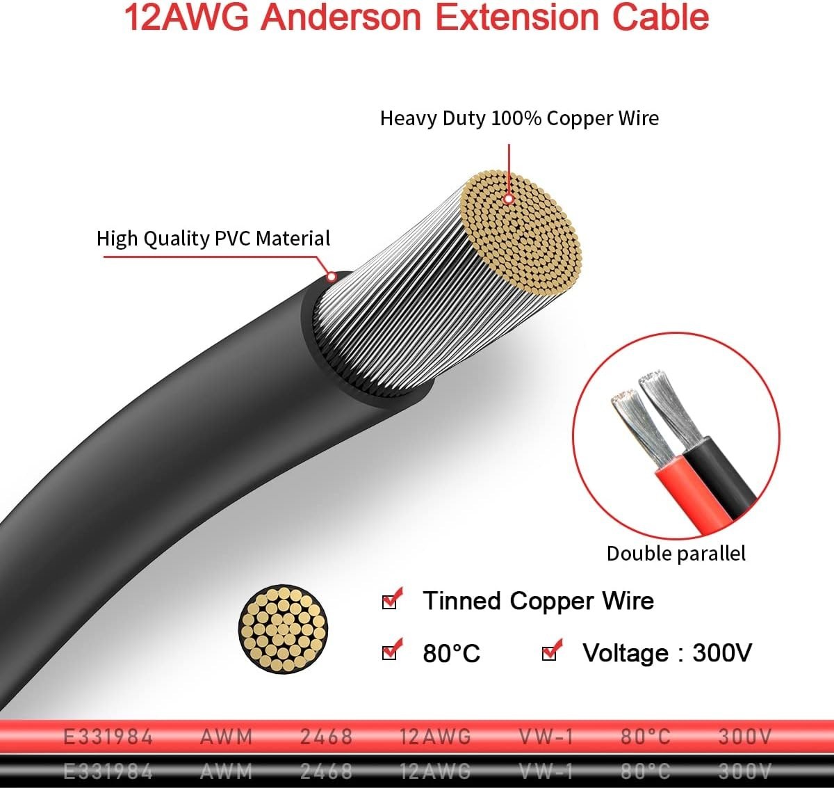 Cable de extensión Anderson de 12 AWG y 2 pies(6, 10, 20, 35, 50, 75 y 100 pies)