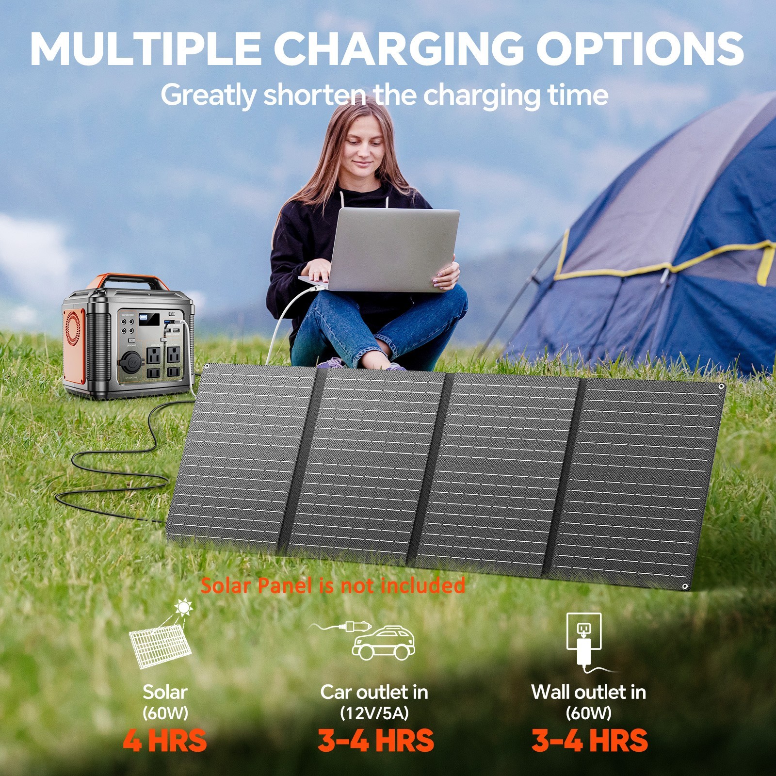 Portable power station with 60W solar panel, 296Wh 80000mAh lithium battery