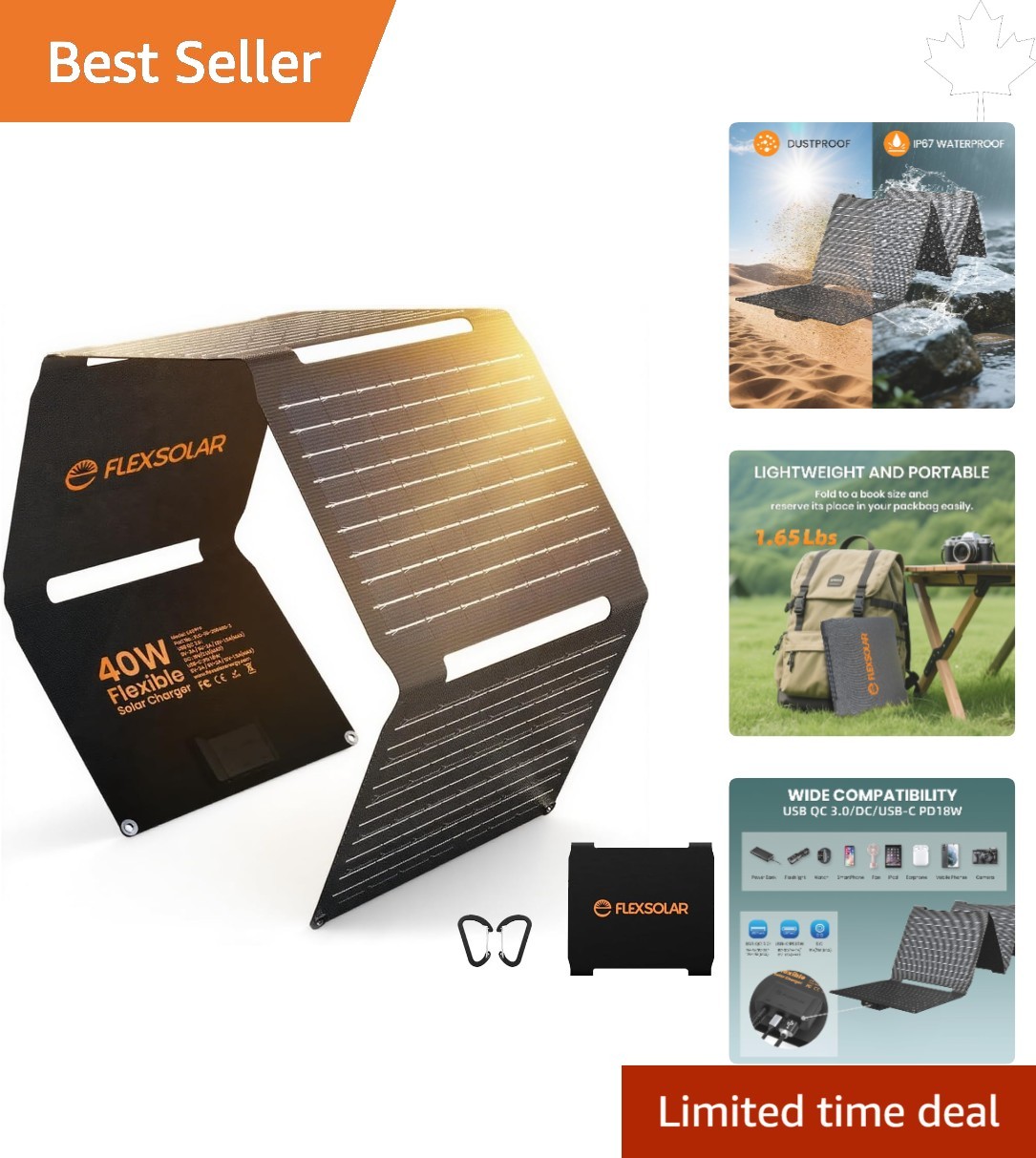 Waterproof 40W Solar Charger – Triple-Port Fast Charging for Outdoors