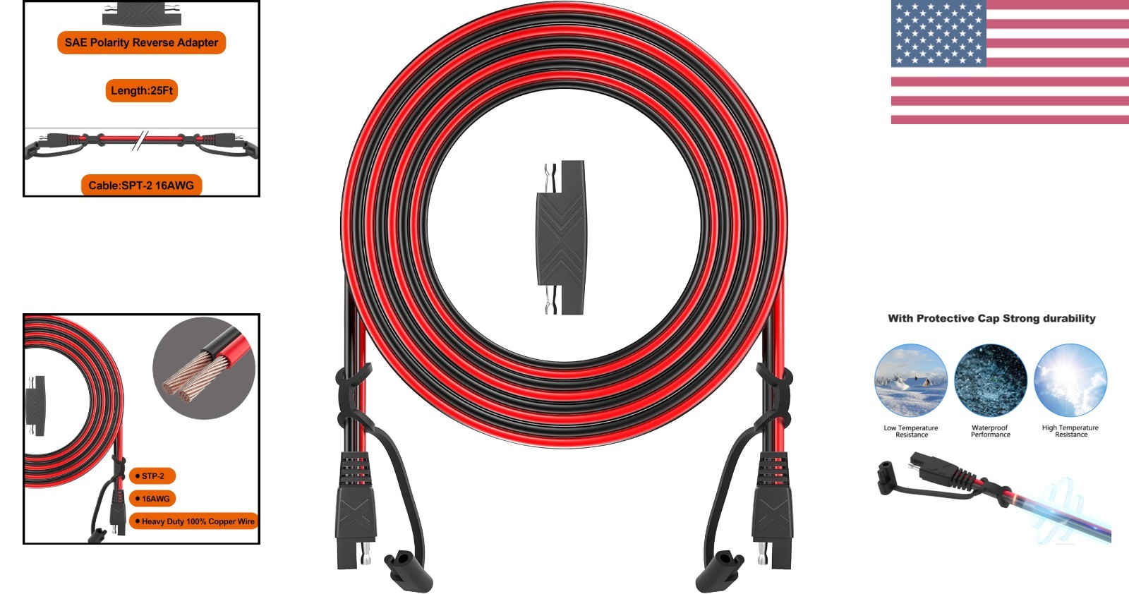 12Feet SAE to SAE Extension Cable Quick Disconnect Connector 16AWG,for Automo…