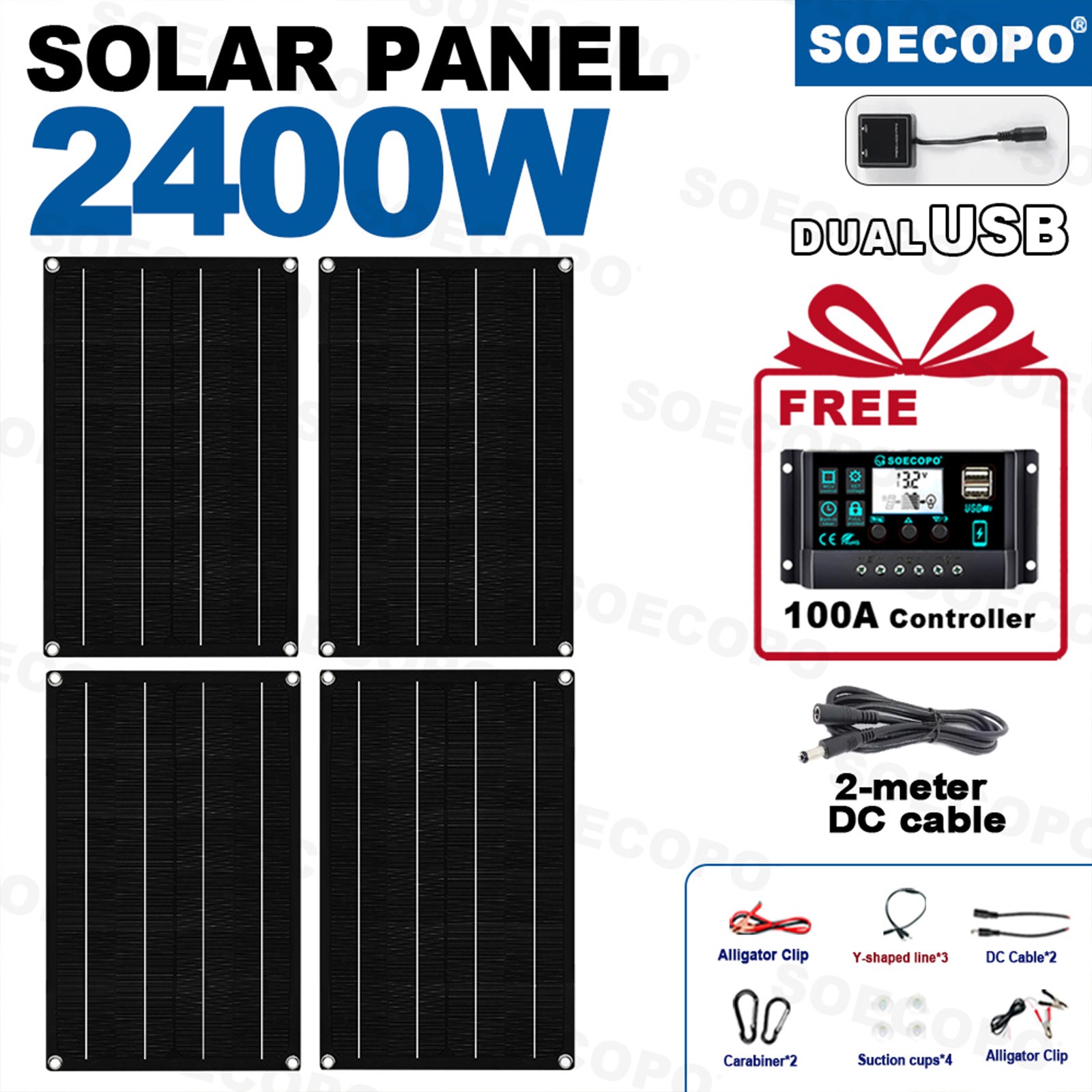 2400W 4-Panel Solar Kit – 100A Controller + Y-Cable/Suction Cups Home/OutdoorF9