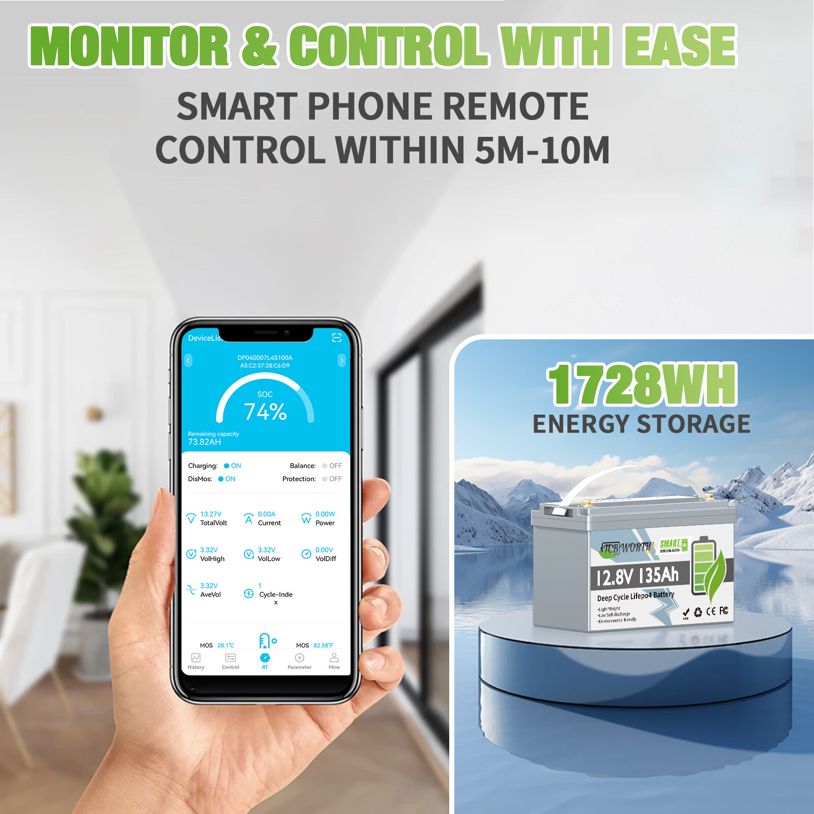 12V 135Ah LiFePO4 Lithium Battery 1728Wh Smart Bluetooth BMS for RV Marine Solar