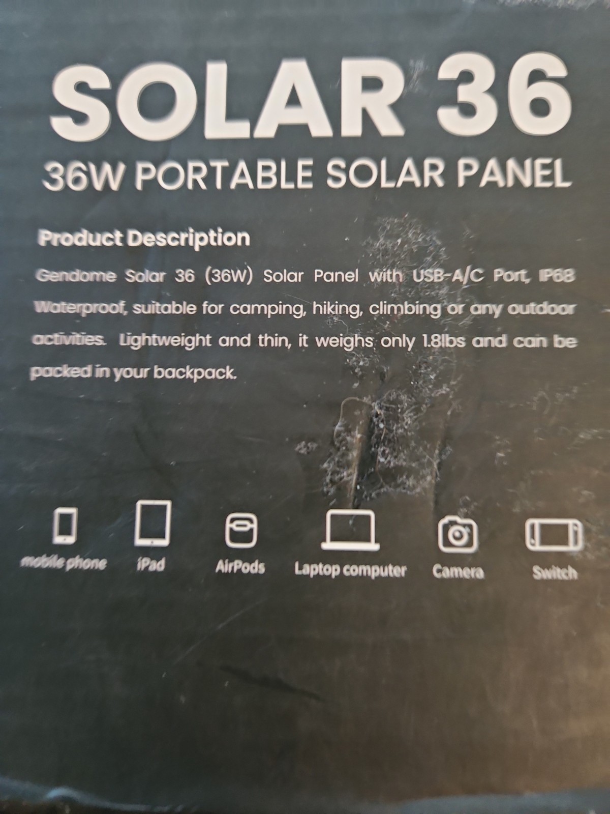 Gendome Solar 36 Portable Solar Panel 36W 1.8LB Waterproof Grey USB-C NEw