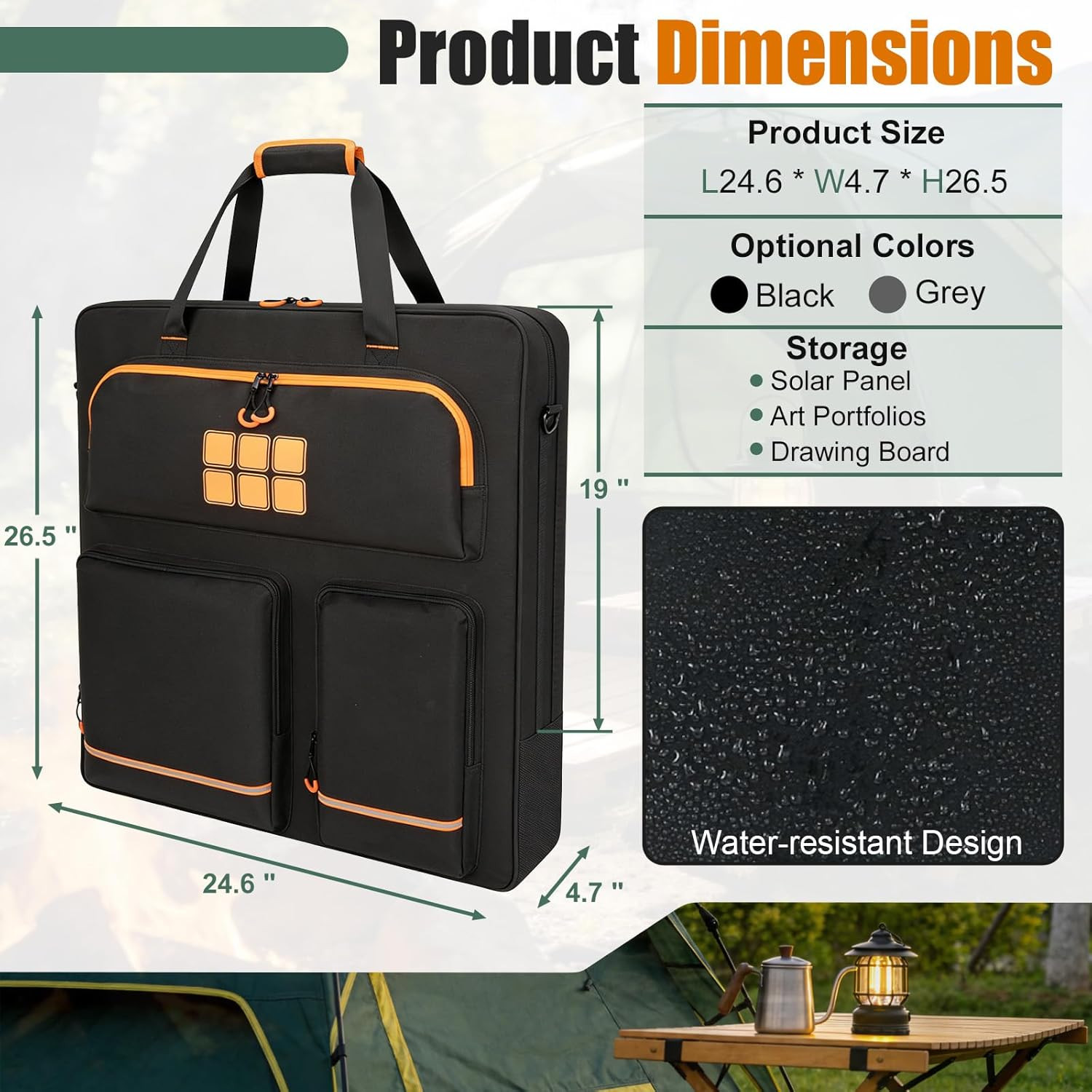 Solar Panel Storage Bag with Orange Lining, Deepened Opening, Zipper with Pull a