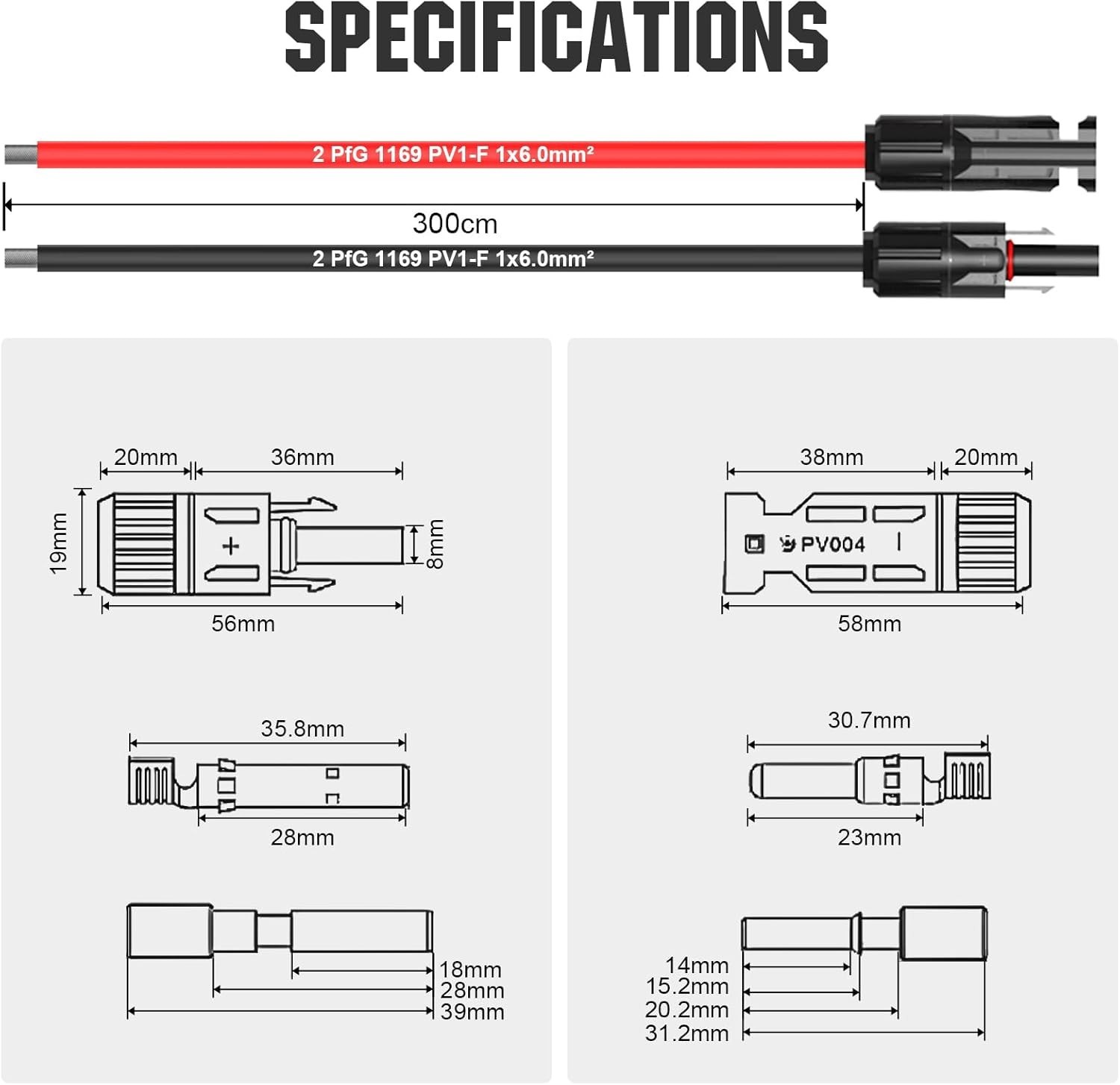 10ft 30A Solar Extension Cable, Waterproof, Mc4 Connectors