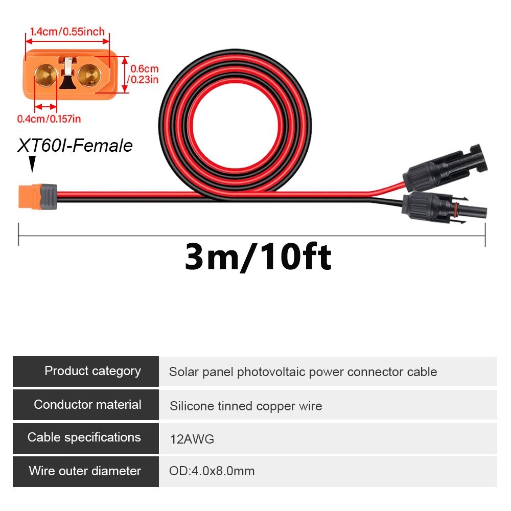 10ft Solar to XT60i 12AWG Solar Panel to XT60i Connector XT60i-F Extension Cable