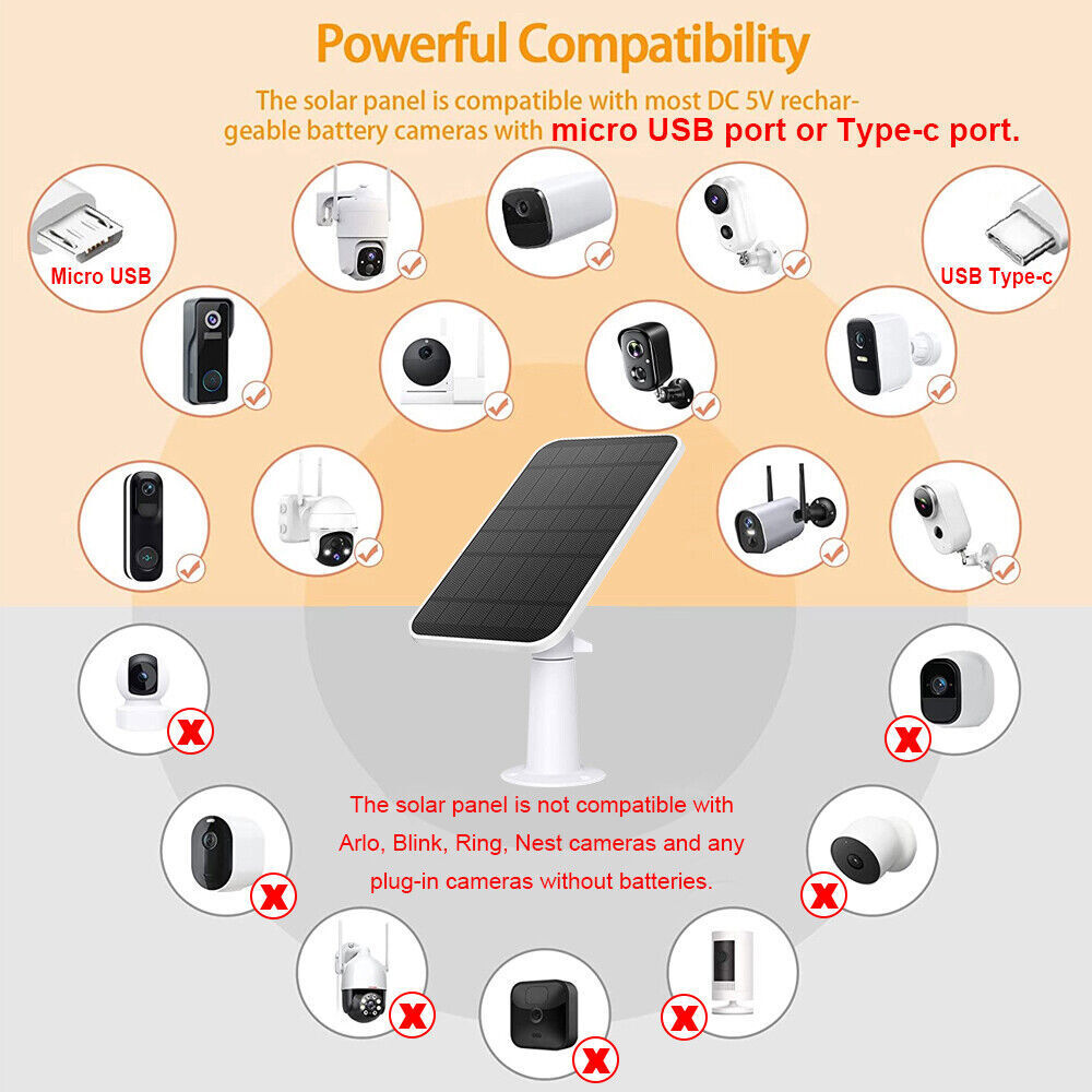 Solar Panel Charger for Eufy Eufycam Cam E/2C/E/2 Pro Wall Mount W/ Power Cable