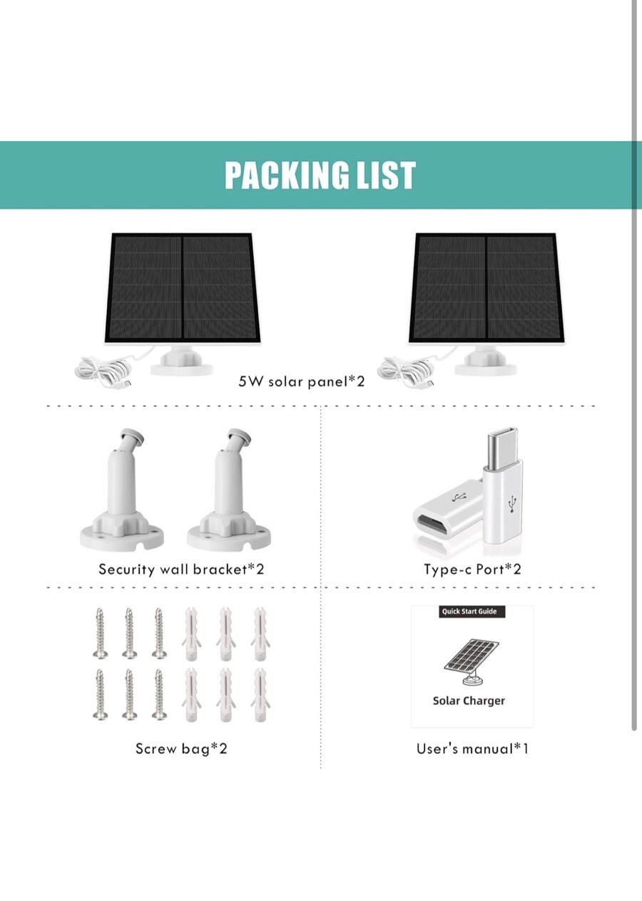 2 Pack Solar Panels 5v 5 Watts Solar Panels for Wireless Outdoor Cameras White