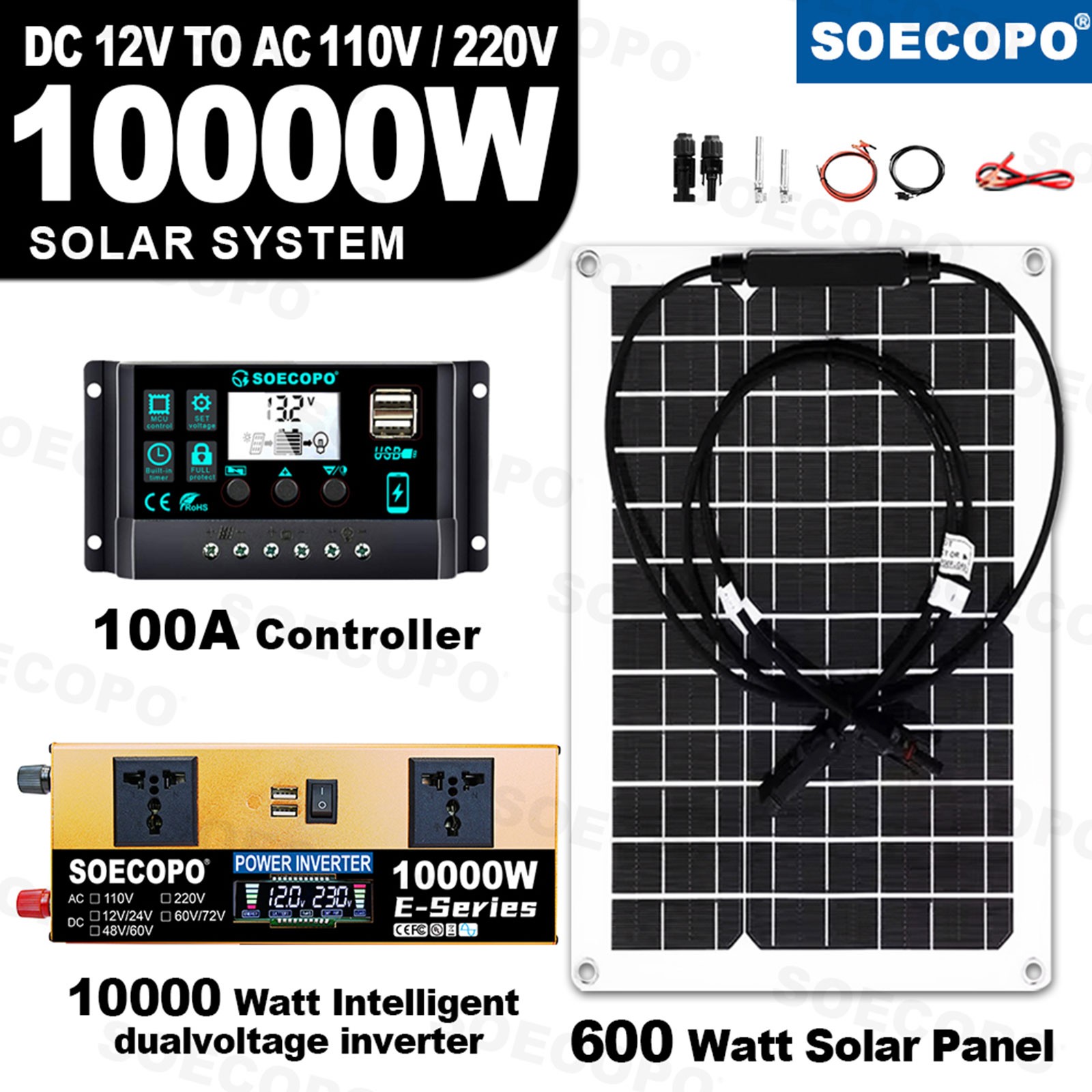 SOECOPO 10000W Solar Power System Kit 12V24V to 110V220V Inverter Flexible Panel