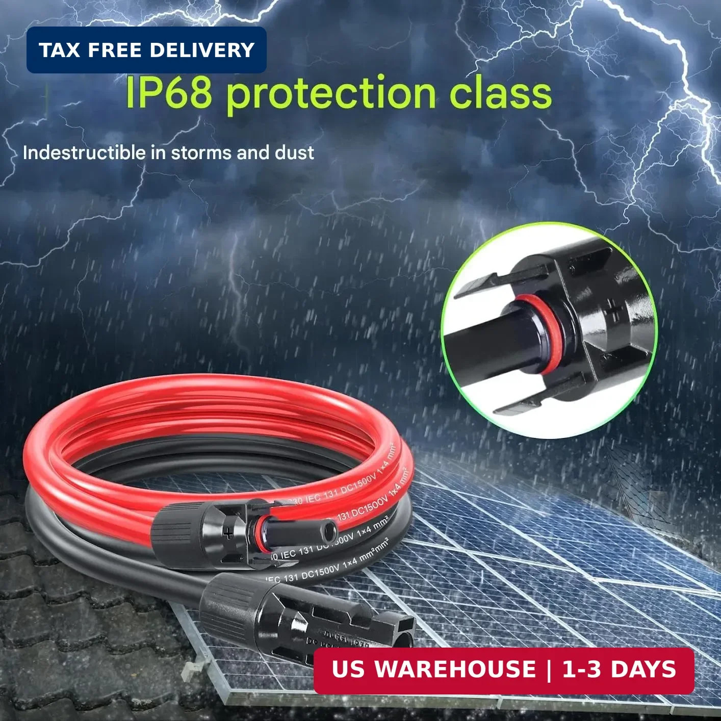 50Ft Solar Panels Extension Cables, 6mm² PV Cable with Male and Female Connector