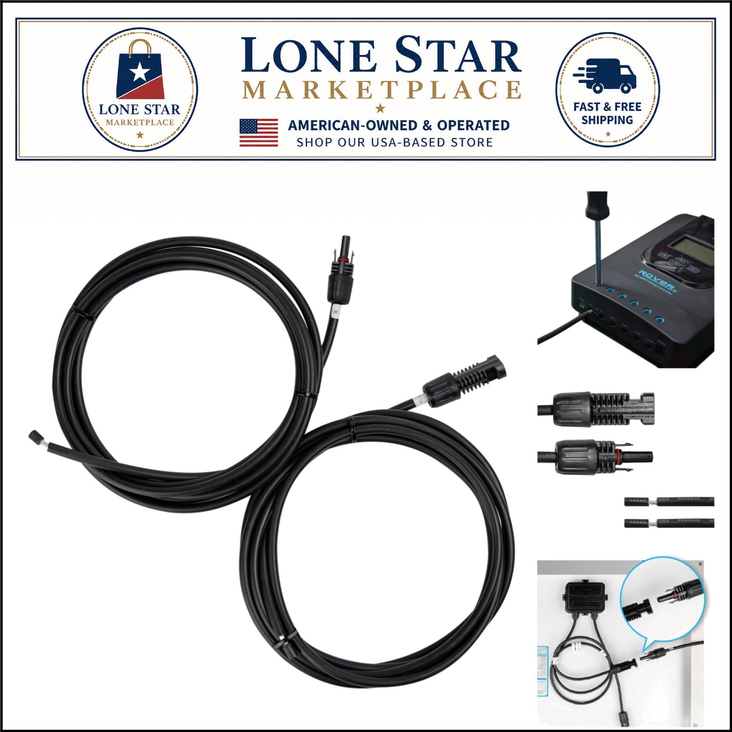 10ft UV Resistant Solar Adaptor Wire Extension Cable Pair – Durable & Waterproof