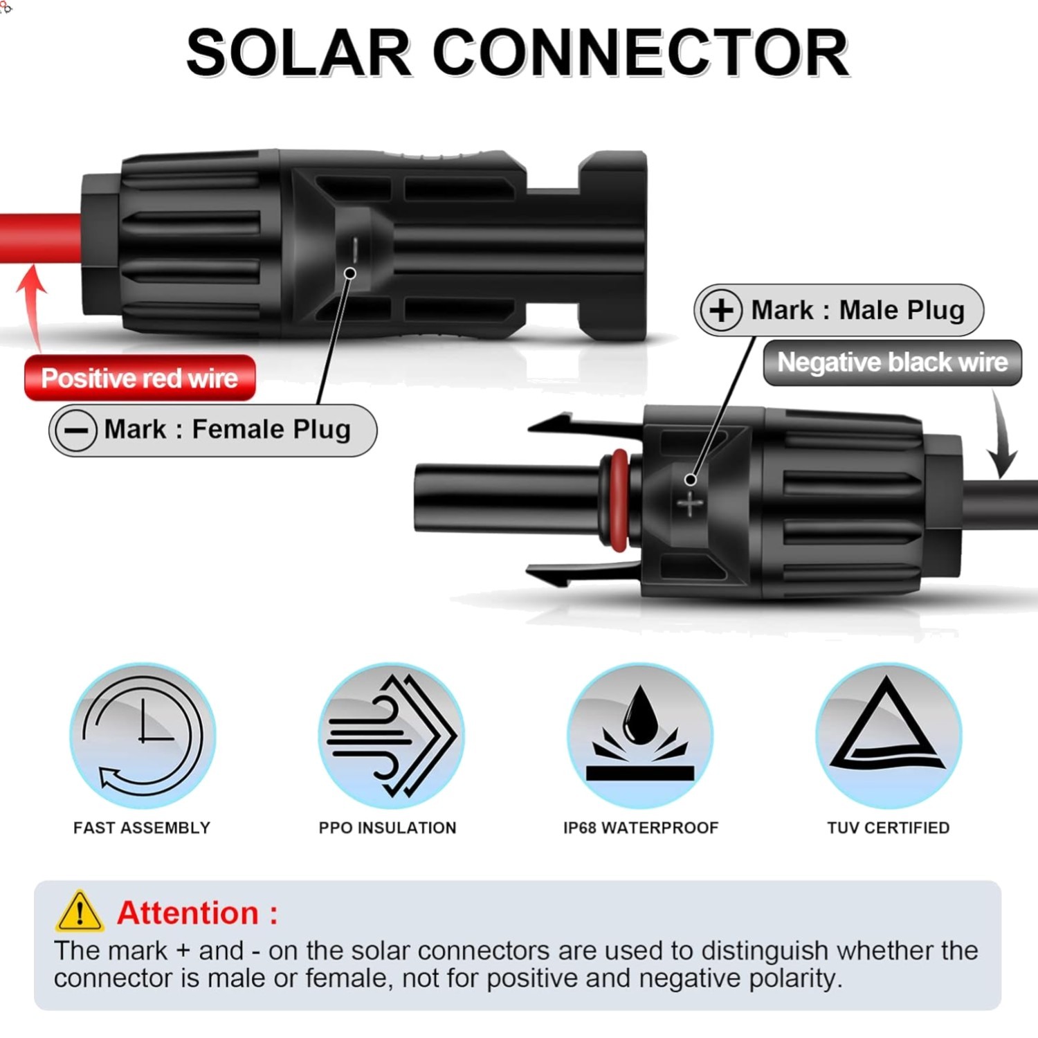 10FT Solar Panel Extension Cable 10AWG – Male/Female Connectors, Waterproof