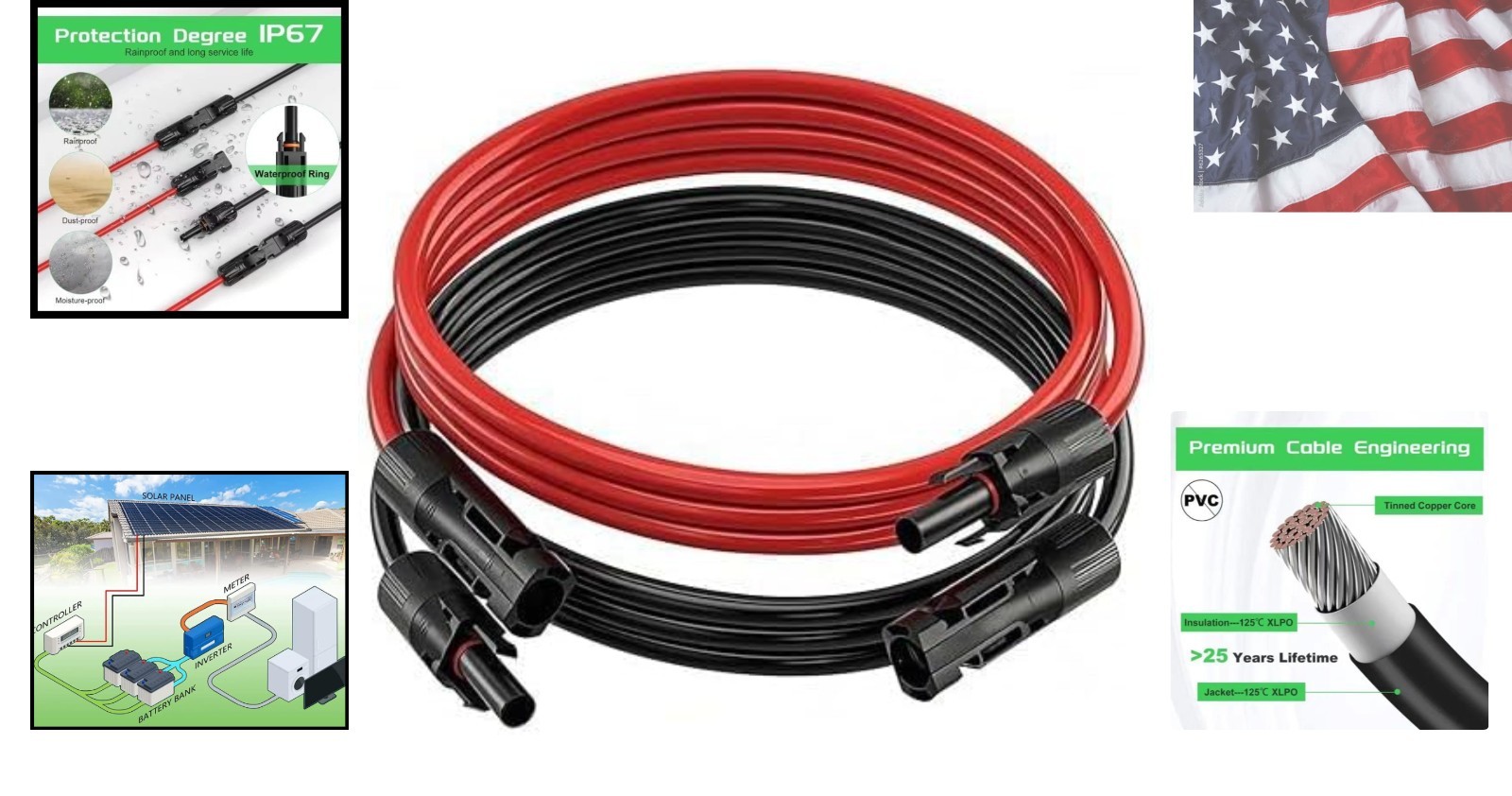 2PCS 6 FT 10AWG Solar Extension Cable with Female and Male Connector，Tinned C…