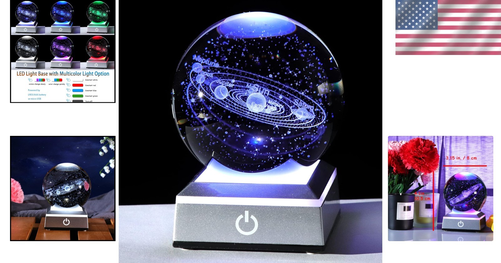 Exquisite K9 Crystal Solar System Model with Colorful LED Touch Lighting