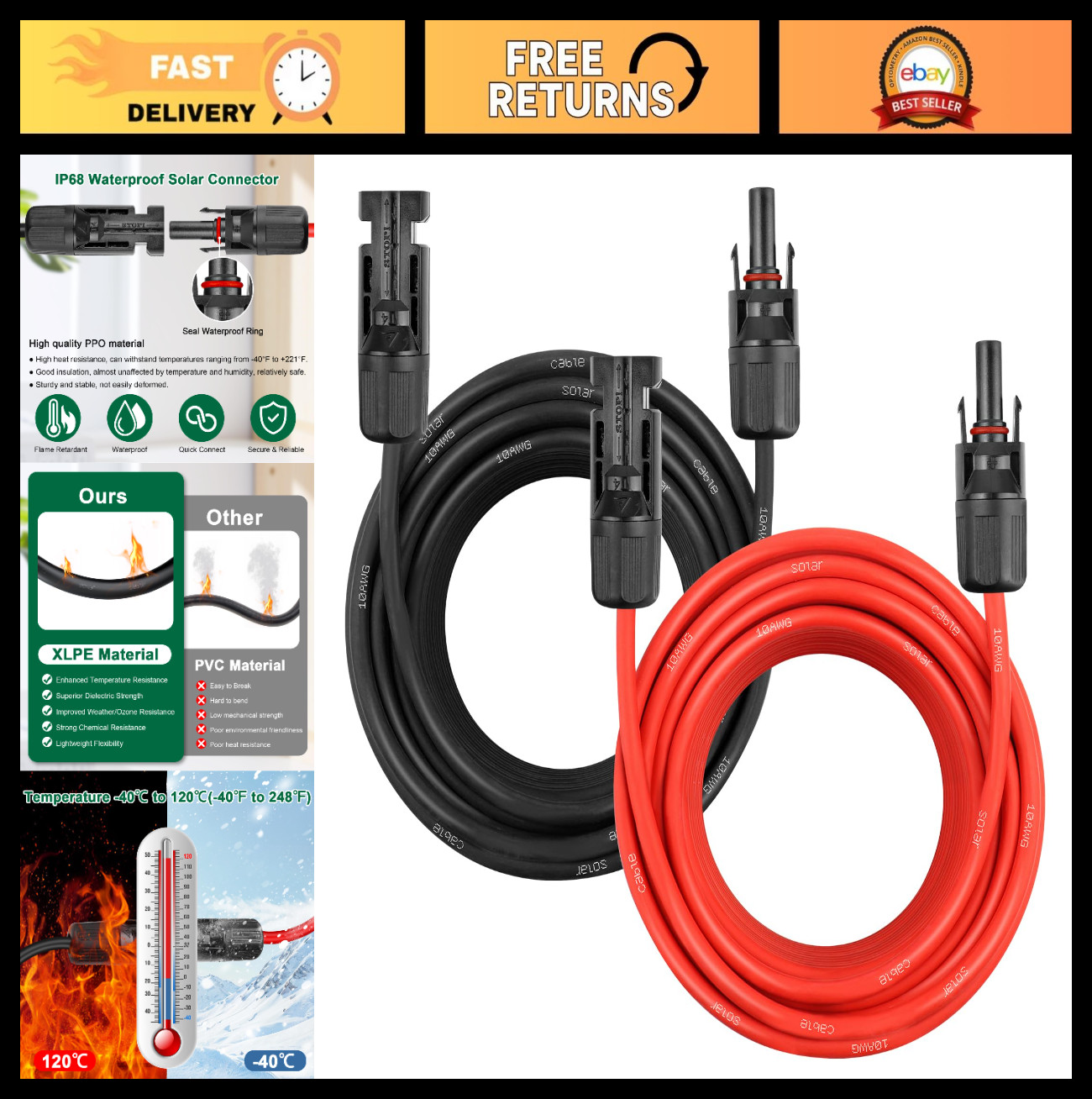 50FT 10AWG Solar Panel Extension Cable, Waterproof Connectors for RV, Home, Boat