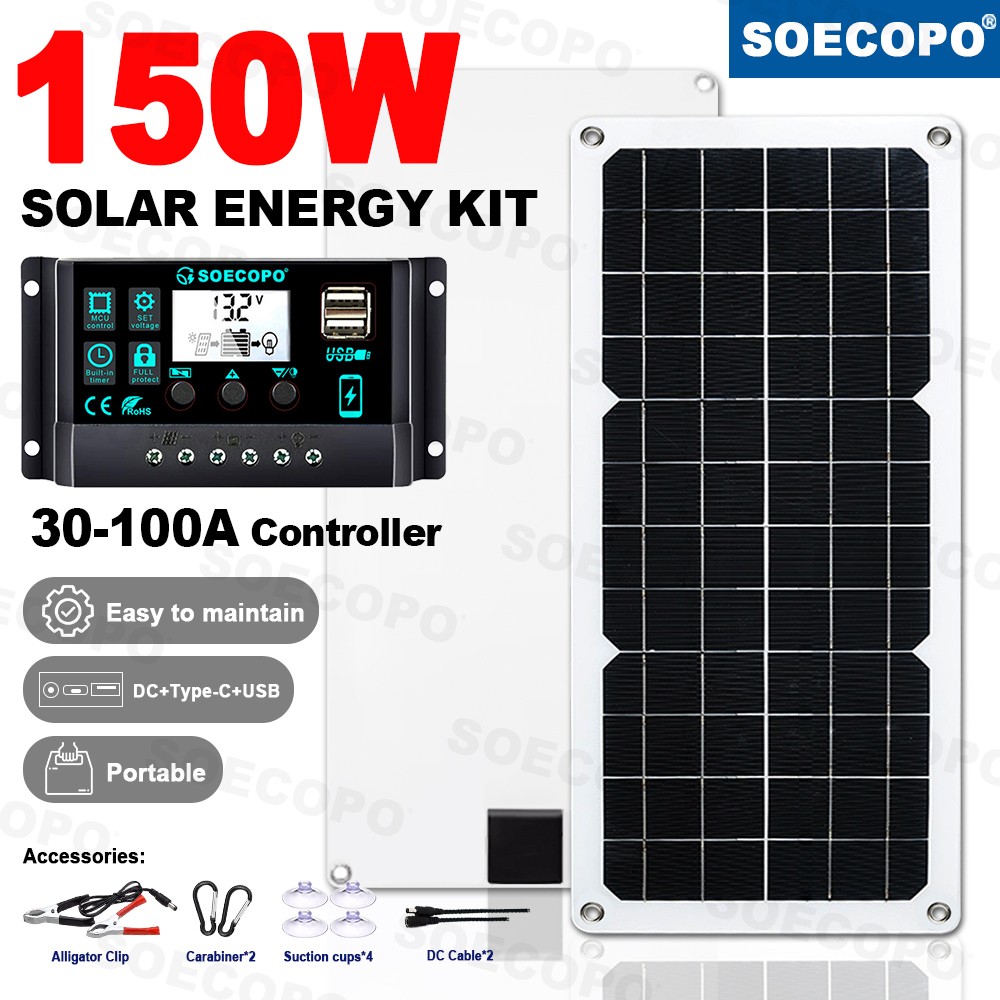 SOECOPO 150W Monocrystalline Solar Panel Kit with 30A/60A/100A LCD Controller