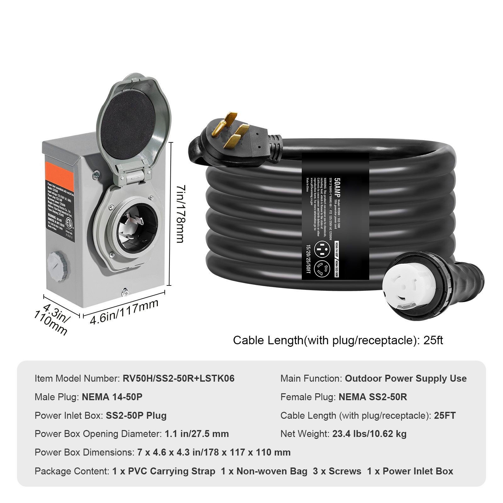 50 Amp Generator Cord and Power Inlet Box Kit, 25FT, NEMA 14 – 50P/ SS2 – 50R