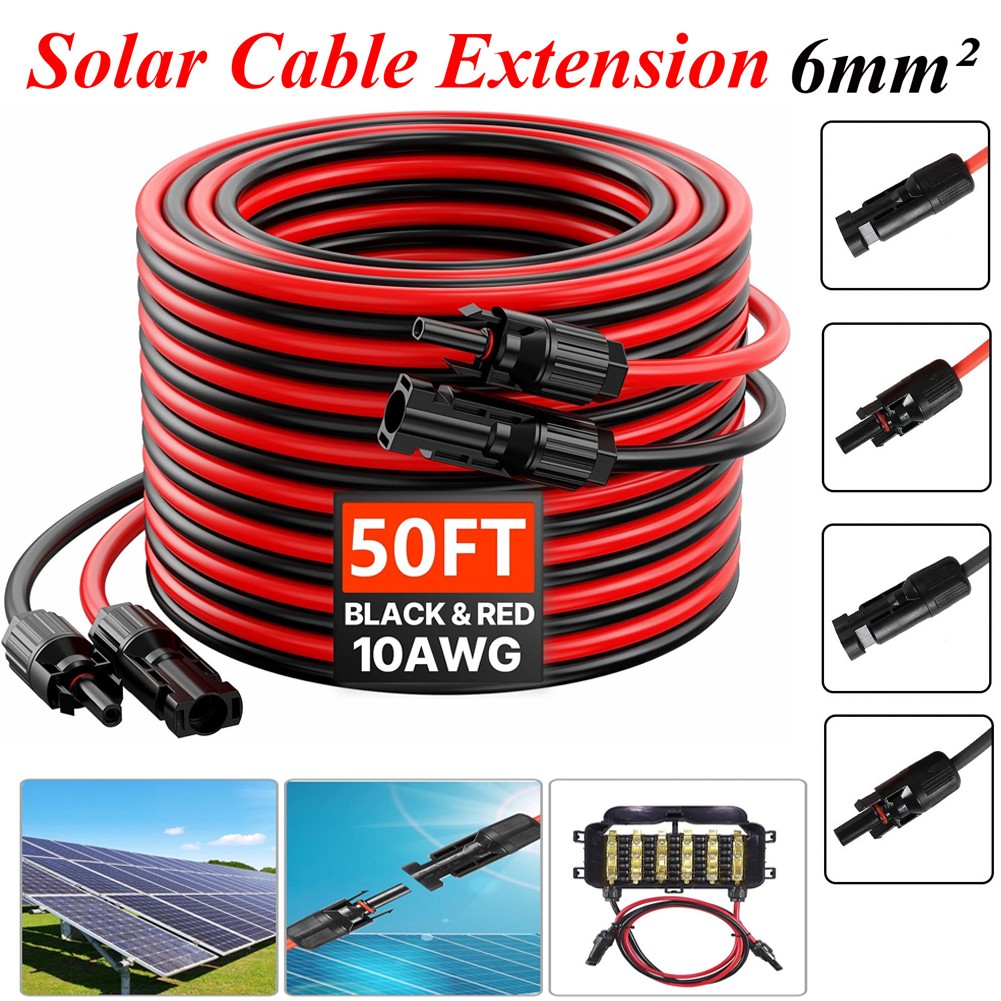 50ft Black +50ft Red 10AWG Solar Panel Extension Cable Flexible Wire Connectors