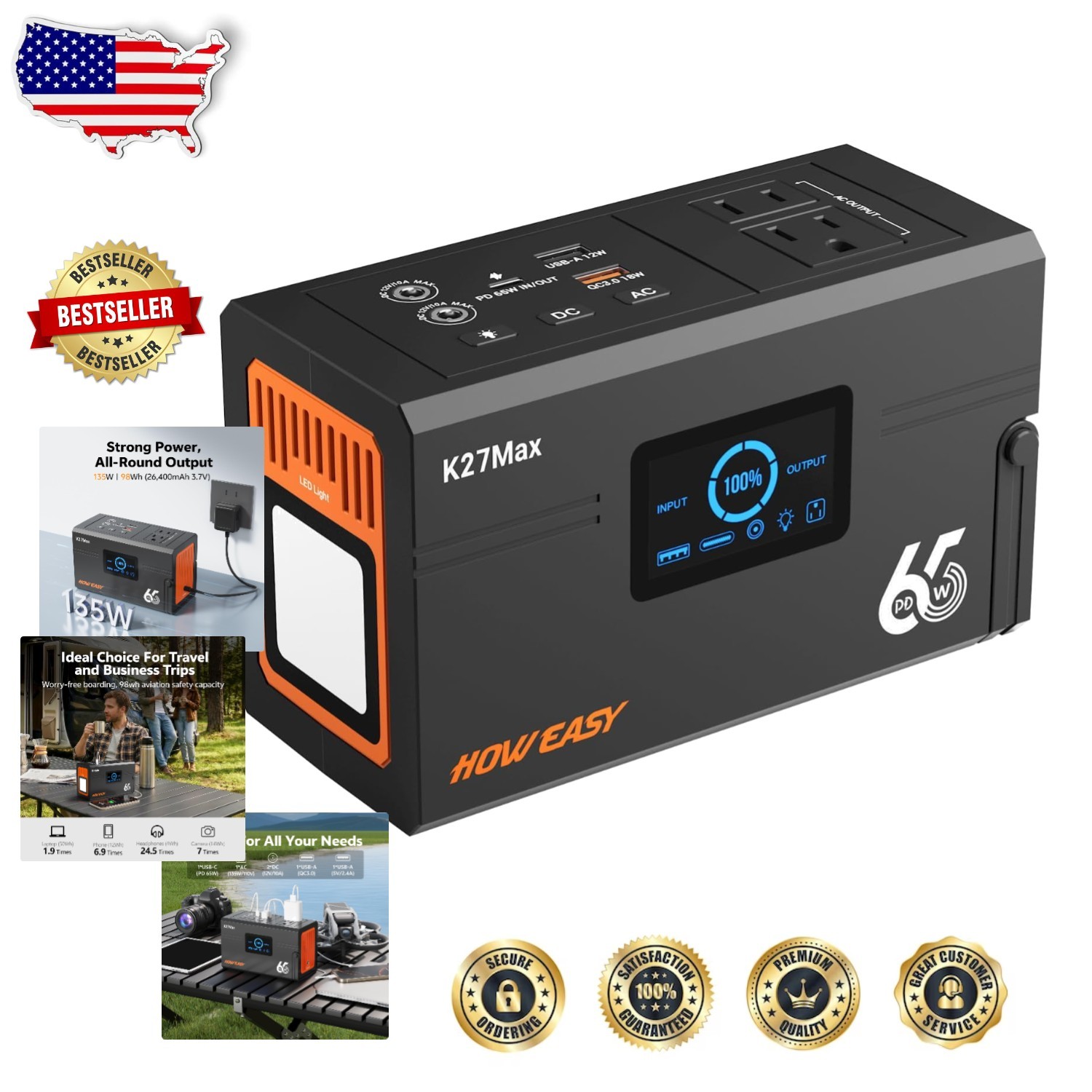 Portable Power Station 135W Solar Generator – 98Wh Lithium Battery, 2 AC Outlets