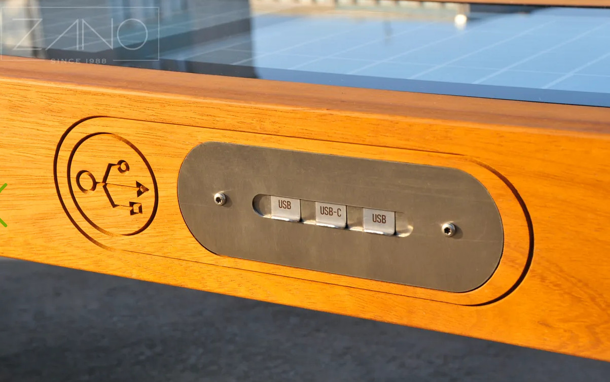 Modern Solar outdoor bench Photon. WIFI, lighting & charging station. USB ports