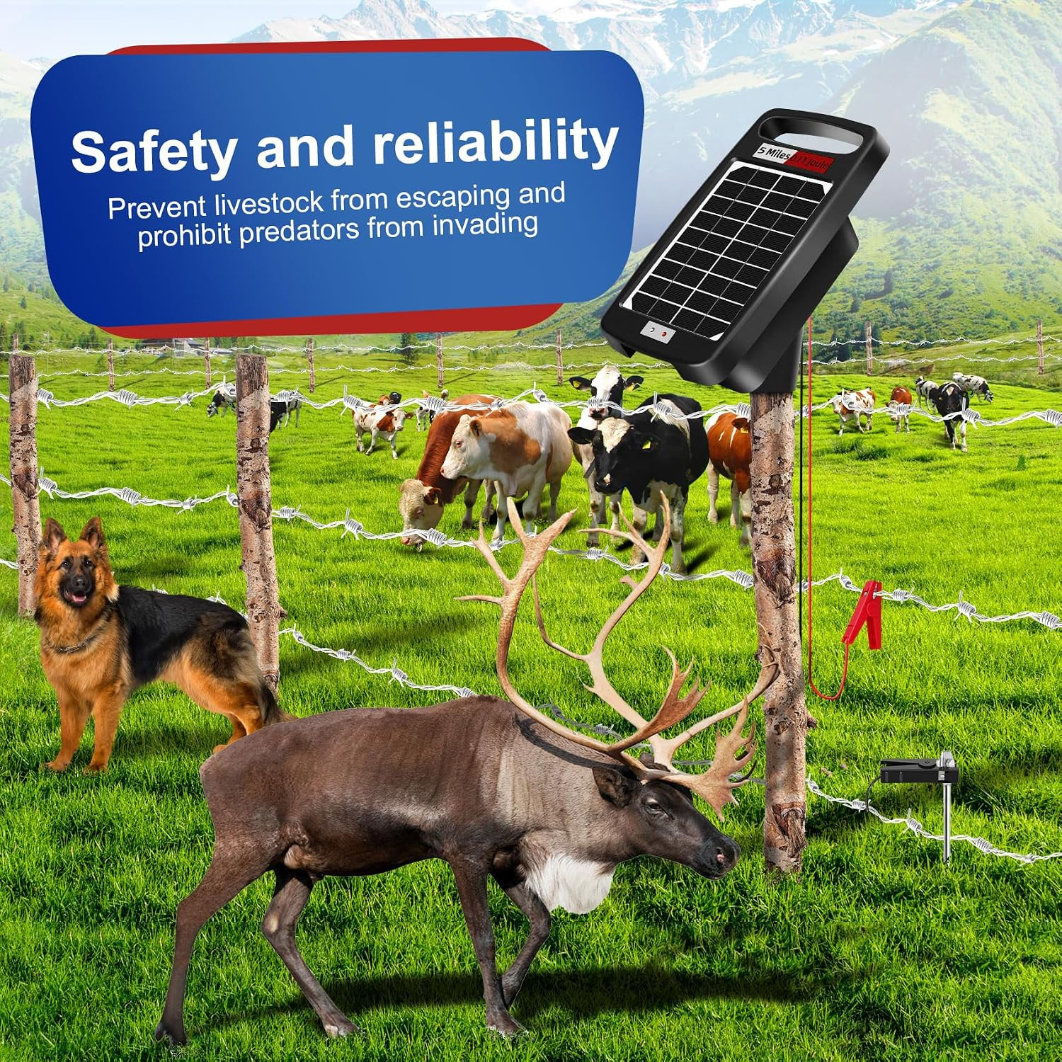 5 Miles Solar Powered Electric Fence Charger，0.11J Day/Night Protection | Solar/