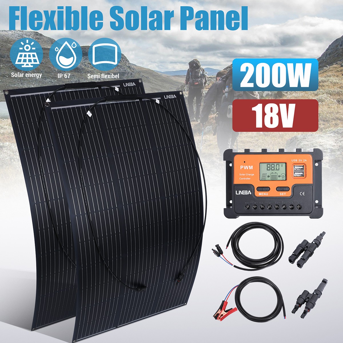 12V 200/400W Flexible Solar Panel Mono Camping Home RV Battery Charge+Controller