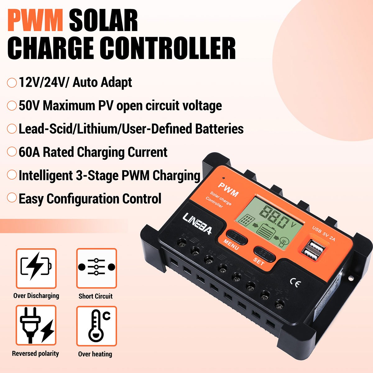 5200W 100A Solar Charge Controller Dual USB 12V 24V 48V PV Battery Regulator USA