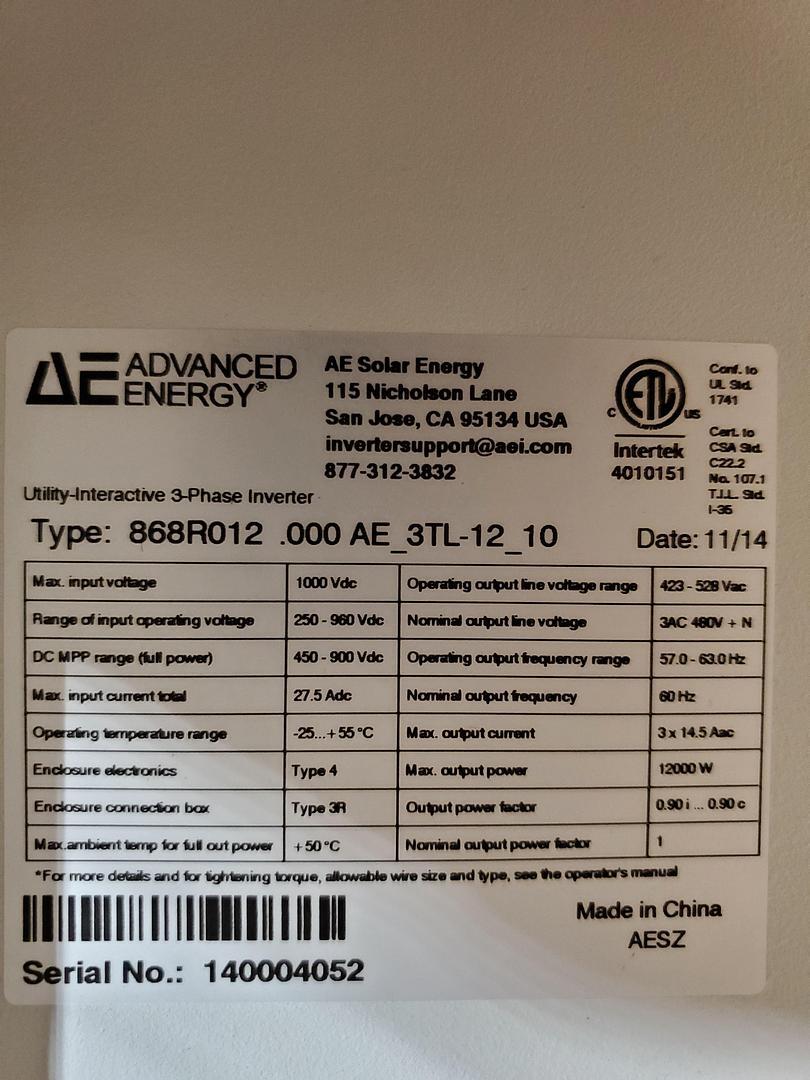 AE 868R012 Utility Interactive Inverter 3 Phase 12000W 1000Vdc GHA-6