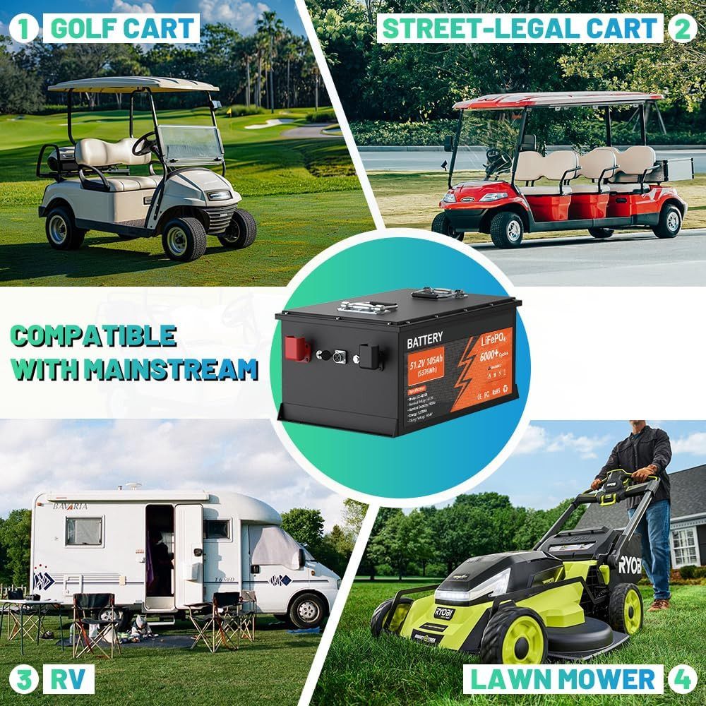 48V 300Ah Lithium Golf Cart Battery 200A BMS 6000+Cycles APP Charger Monitor Set
