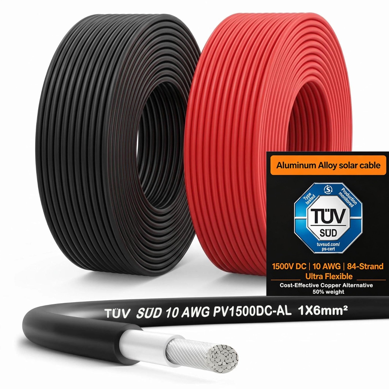 10 AWG Solar Panel Wire 2×20 FT, 1500V DC, Flexible Aluminum Alloy PV Cable, TUV